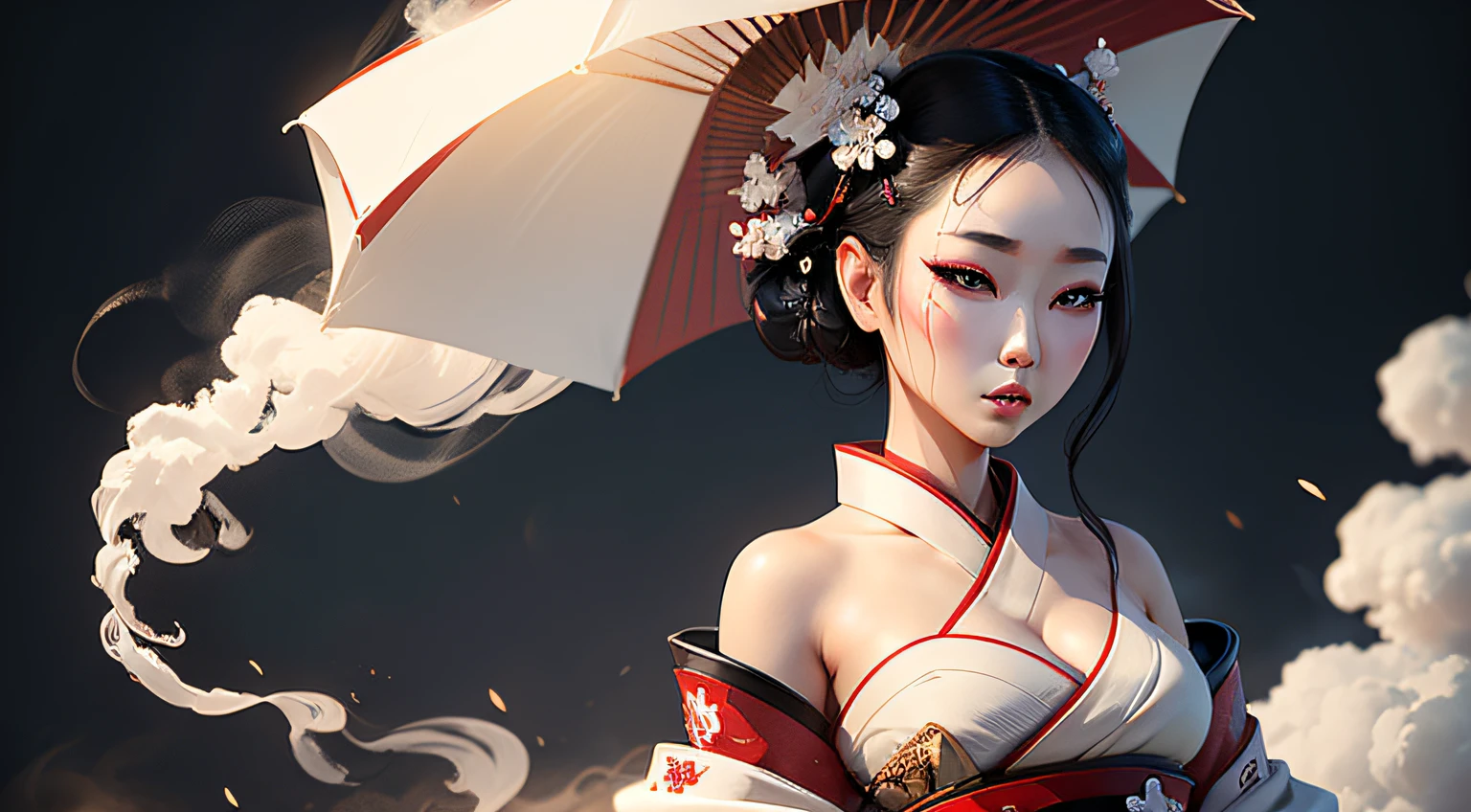 geisha robot with smoke emanating from it, white backgound with space to text. Captivating Beauty, tradition, elegance and mystique