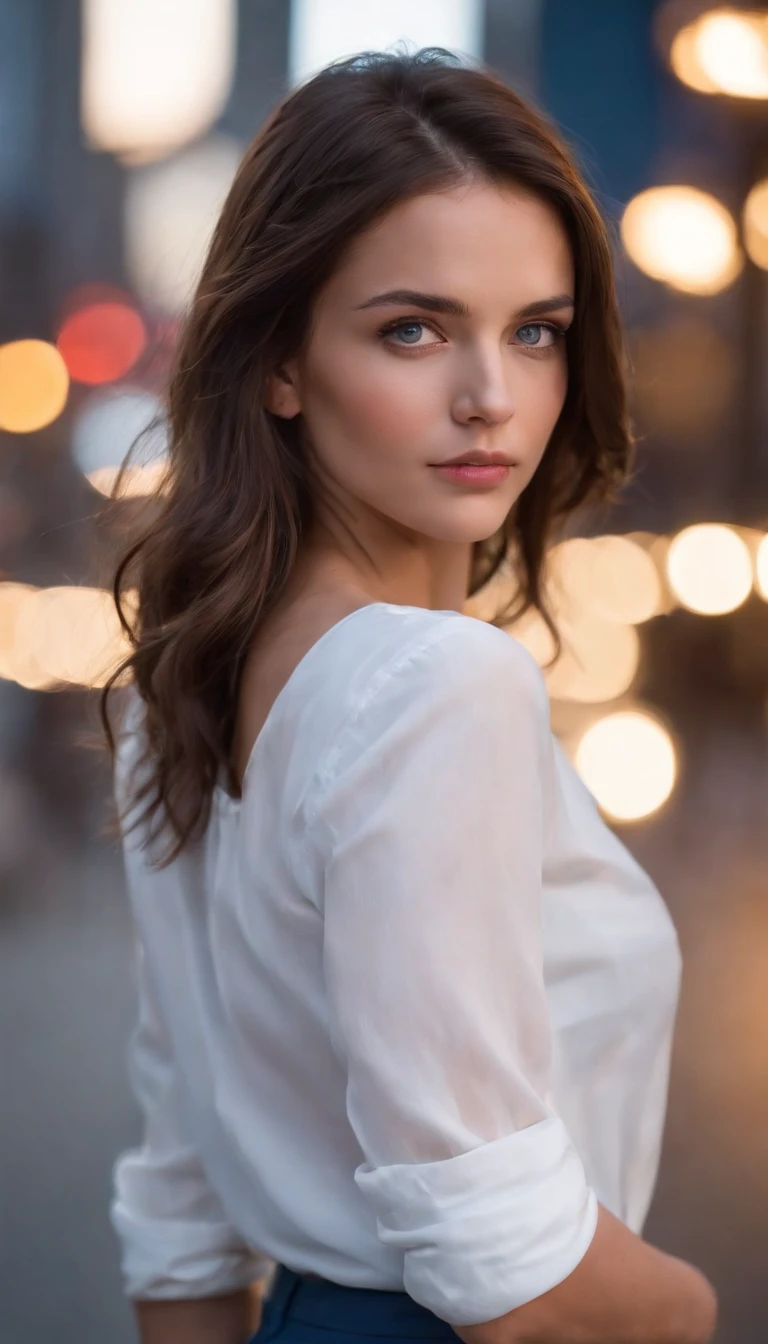 A striking portrait of a girl in a white shirt and blue pants. Her eyes are filled with curiosity, reflecting her inquisitive nature. Place her in a bustling urban environment, with city lights illuminating the night. The contrast between her innocence and the urban chaos is captivating. Photo taken by Annie Leibovitz with a Canon EOS 5D Mark IV and a 50mm f/1.8 lens. Utilize neon city lights for a dramatic cinematic effect. 8K, Ultra-HD, Super-Resolution
