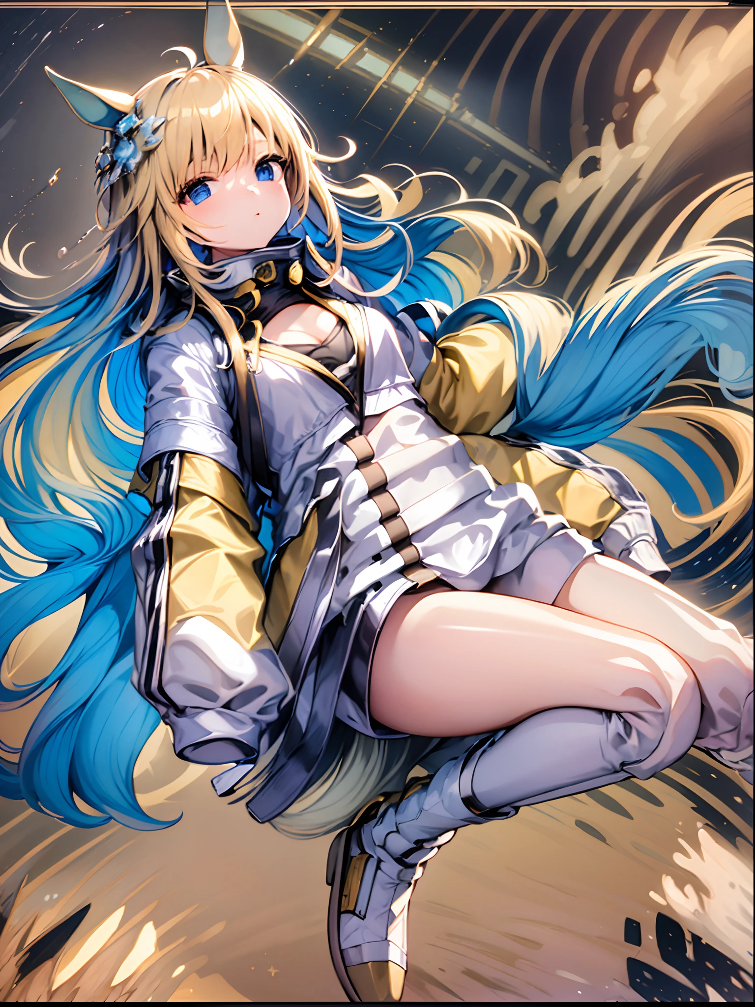 ((​masterpiece))、top-quality、((Full body wide angle))、Neo Universe(Umamusume)、(1girl in、独奏)、(horse ear、Horse Girl)、A beautiful Blue eyes、Clear face、Blonde long hair、Single ear white cover、puffy long sleeves、sleeves past fingers、sleeves past wrists、oversize jacket、Cleavage cutouts、Clothing clippings、croptop、White jacket、Yellow jacket、Two-tone jacket、Inner leotard、long boots、a closed mouth、(((cosmic space)))、(((the sea of star)))、((((Drifting in the air))))、((Floating in the air))、((((weightless))))、
