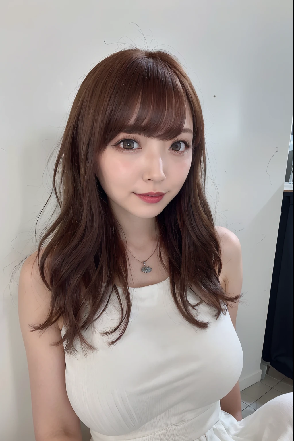 (8K、raw、proffesional、top-quality、masterpiece:1.2)、(realisitic、Photorealsitic:1.37)、The ultra-detailliert、(portlate)、(Highest Detail Skin:1.2)、(Highest Detail Face:1.2)、cinematlic lighting、1girll、Squatting、Big、are emphasized、Wearing a thin dress、The crotch is open、Fluffy brown hair、With bangs、Colossal tits、