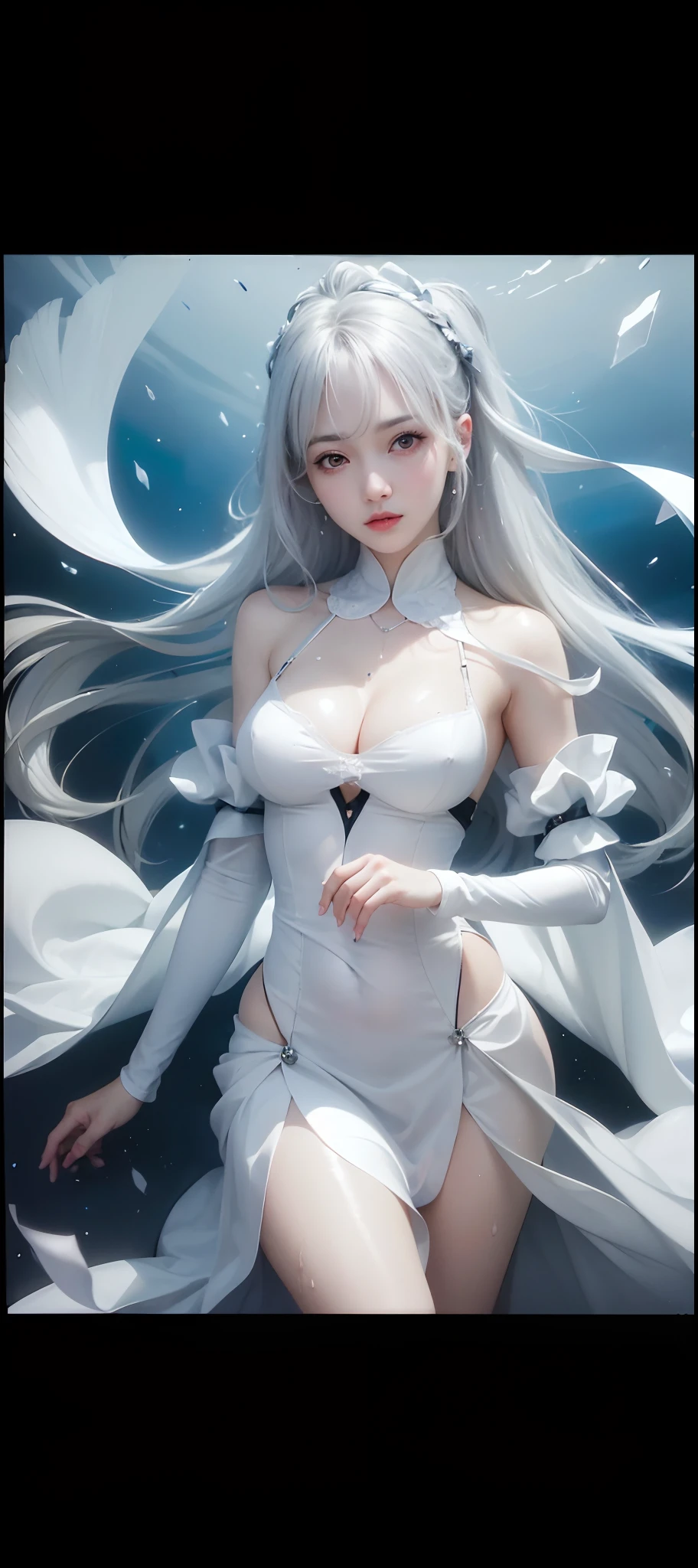 best quality, ultra high res, (photorealistic:1.4), 8k resolution, girl, (silver hair:1.3), (realistic hair:1.2), (Korean girl:1.2), (realistic eyes:1.2), (beauty face:1.3), perfect body, white pale skin, big breast, cleavage, , (eyes looked up:1.3), (wet body and thong:1.2),