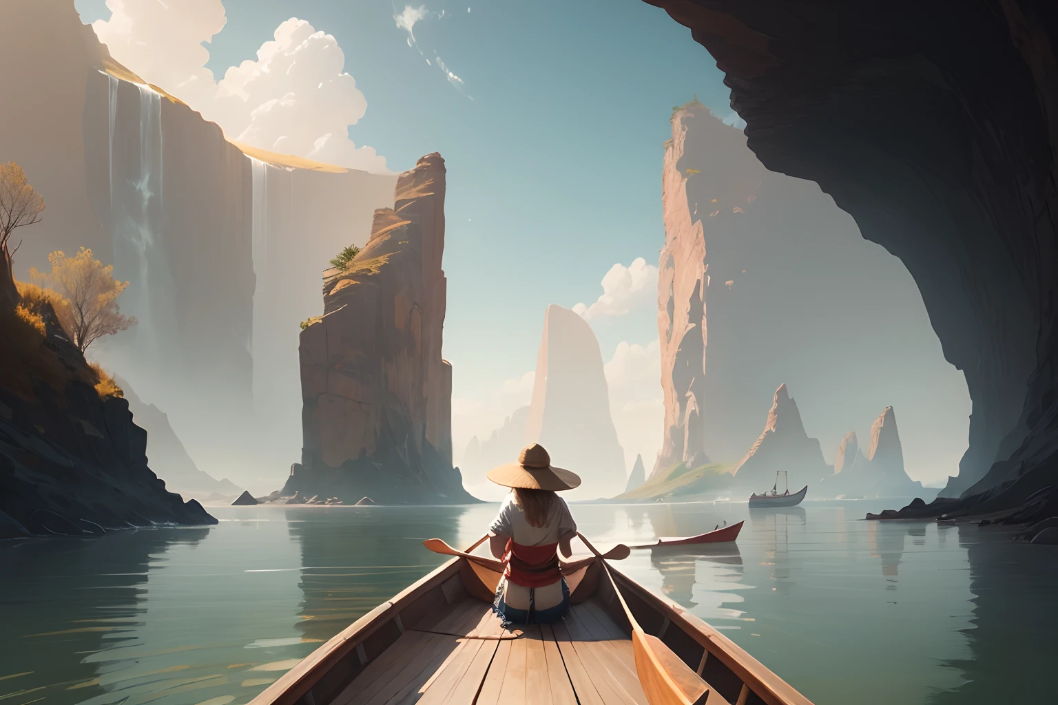 POV from a canoe, best quality female riding a canoe on sea, wearing a robe, environment design illustration, Desert island on the background 4k digital painting, stunning, concept art, intricate details, horizontal photography,