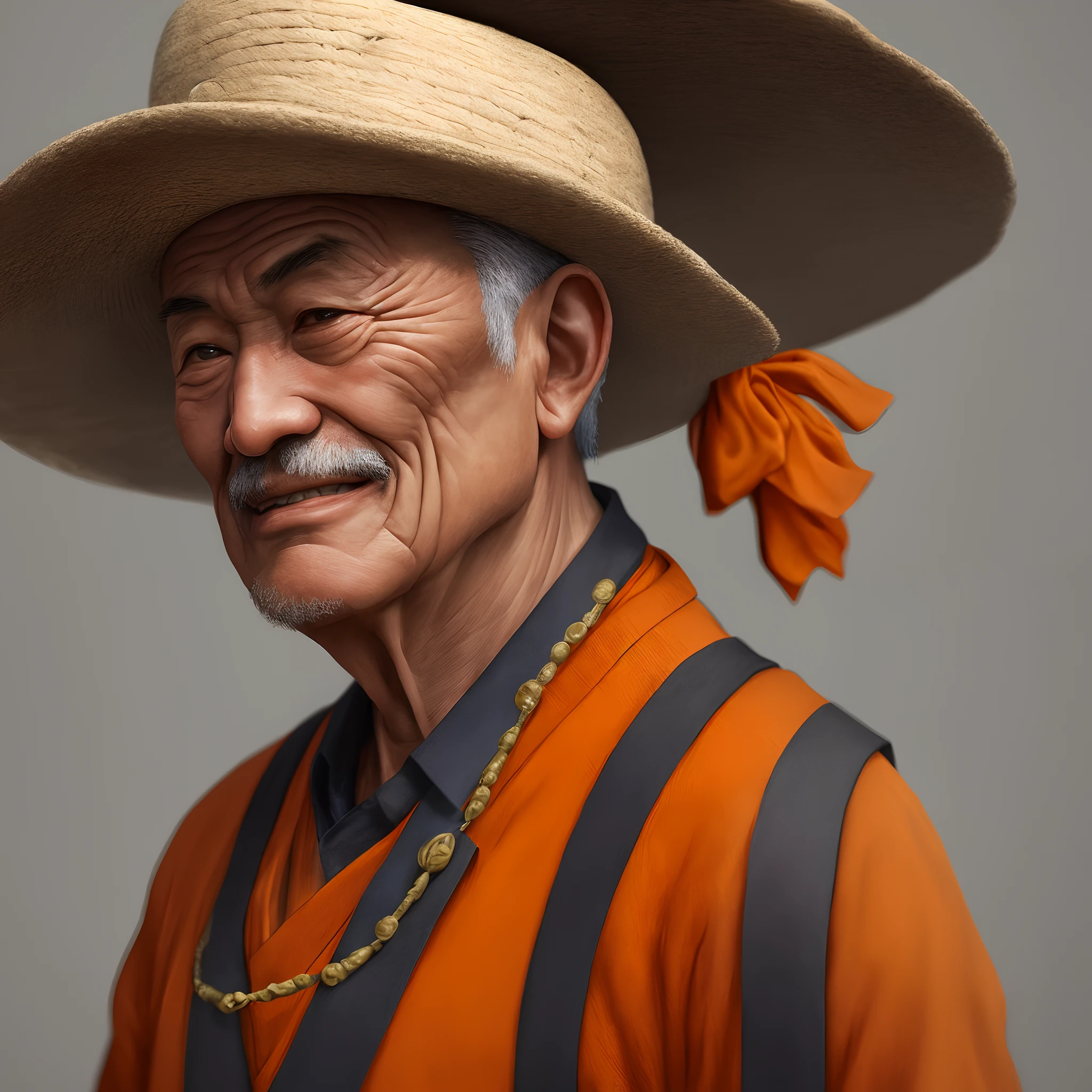 a close up of a man wearing a hat and an orange shirt, color photograph portrait 4k, old man portrait, hyper-detailed portrait, high quality portrait, An old man, hyper realistic digital painting, author:Yang Borun, omar shanti himalaya tibet, Realistic digital painting, Realistic digital painting, author:Michael Cormack, 4K portrait
