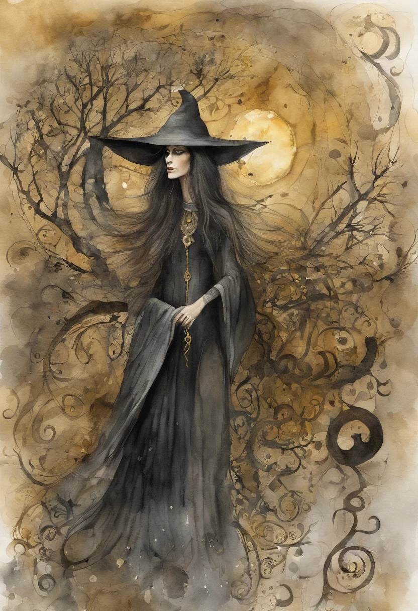 Digital art, black and gold, mysterious fantasy witch with big glowing eyes, very long hair, ultra detailed composition, floating objects, intricate details, patterns, amazing landscape, supernatural sight, starlight, gas aura, abstraction, magic , style Scott Bergey, Schim Schimmel, Tim Burton