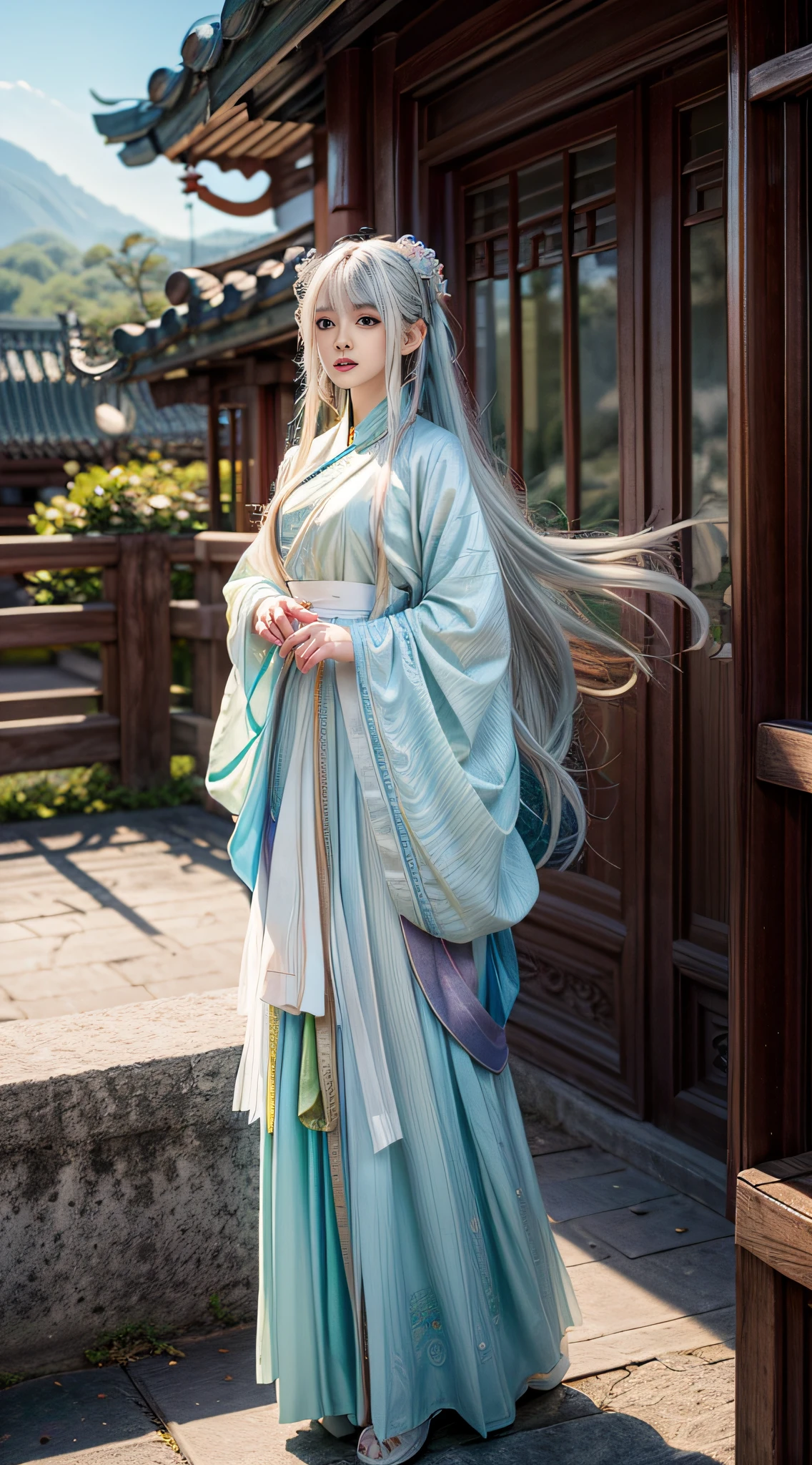 Masterpiece, Best quality, offcial art, 8K wallpaper, Highly detailed, illustration, ((1 girl)), Detailed eyes, Blue eyes, Green gradient Hanfu, Complex filigree, Dynamic pose, (Long rainbow-colored hair:1.1), (White hair:1.2), Floating hair, east asian architecture, Chinese street, scenery, Morning,