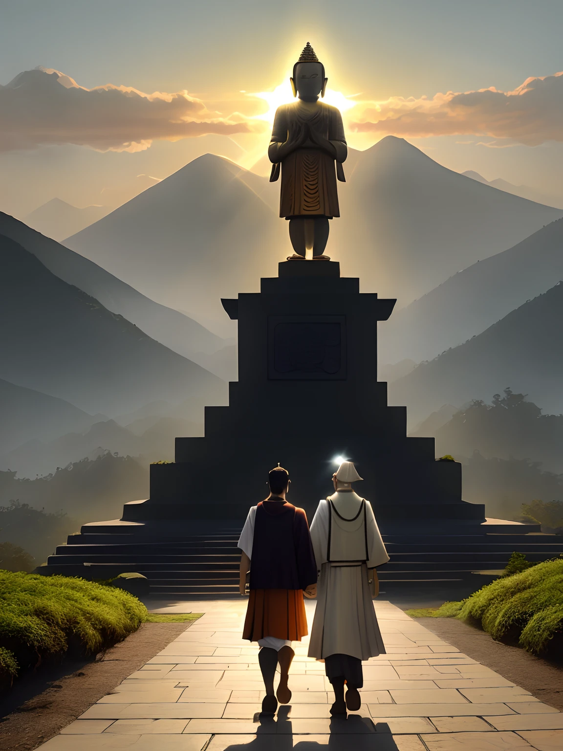 (2 pilgrims on the way:1.5), In the distance is a huge tall Buddha statue in the mountains,Covered in moss, Peaceful face,Stoic face, a Buddhist Buddha, Buddhism, Buddha, Buddhist, The rising sun shines golden in the sky,The holy light shines on the Buddha statue,Zen temple background,Verism, En plein air, Cinematic lighting, stereograms, Masterpiece, hyper HD, Best quality