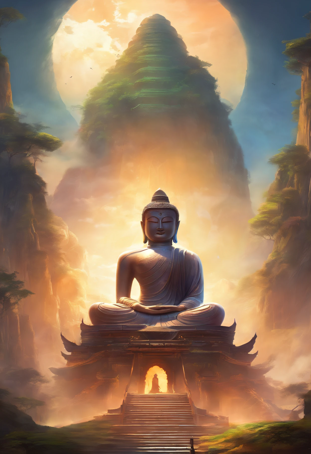 Huge stone Buddha statue,There are steps leading to it, Devout people。Zen temples