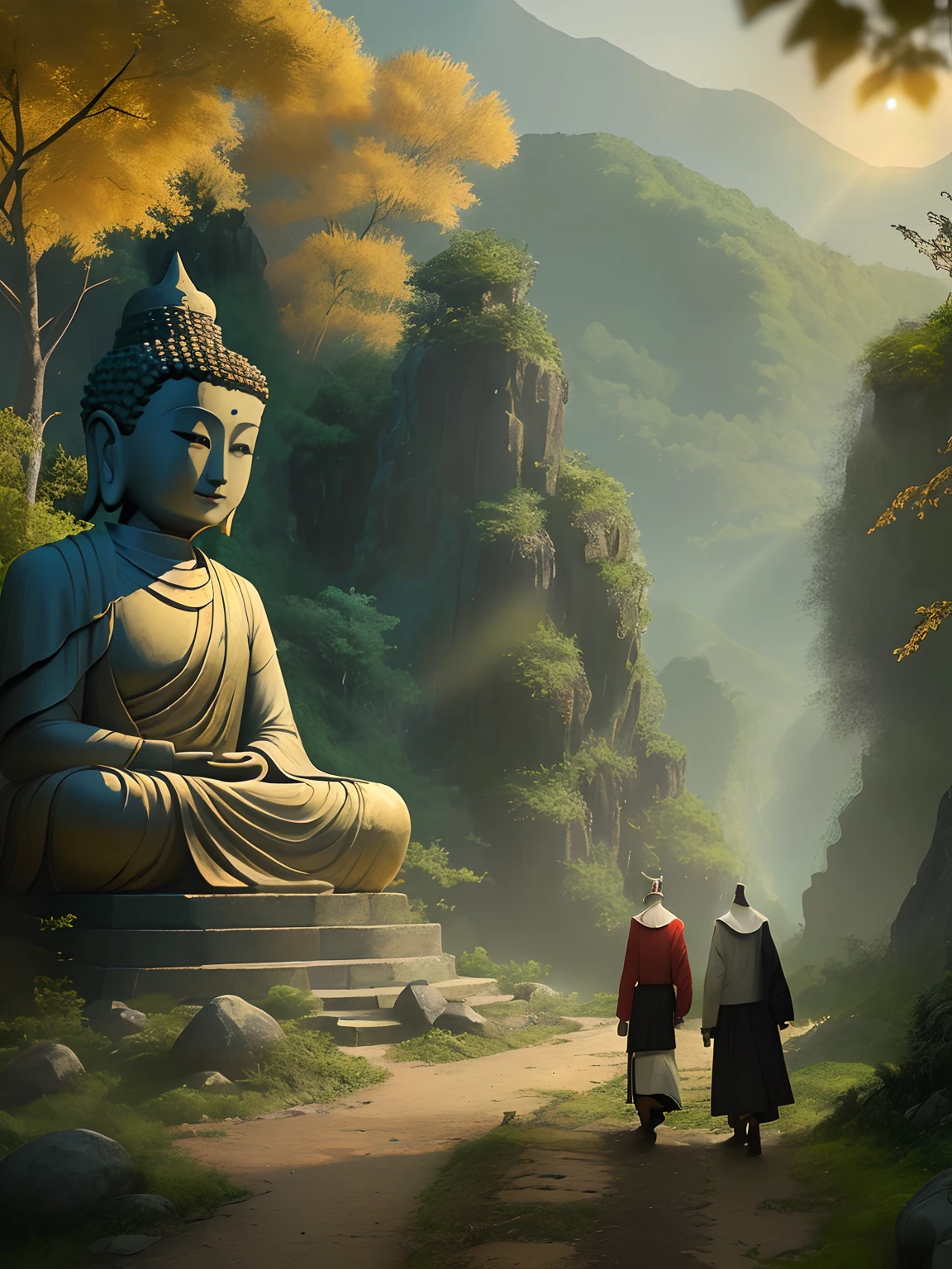 (2 pilgrims on the way:1.5), In the distance is a huge tall Buddha statue in the mountains,Covered in moss, Peaceful face,Stoic face, a Buddhist Buddha, Buddhism, Buddha, Buddhist, The rising sun shines golden in the sky,The holy light shines on the Buddha statue，Zen temple background,Verism, En plein air, Cinematic lighting, stereograms, Masterpiece, hyper HD, Best quality
