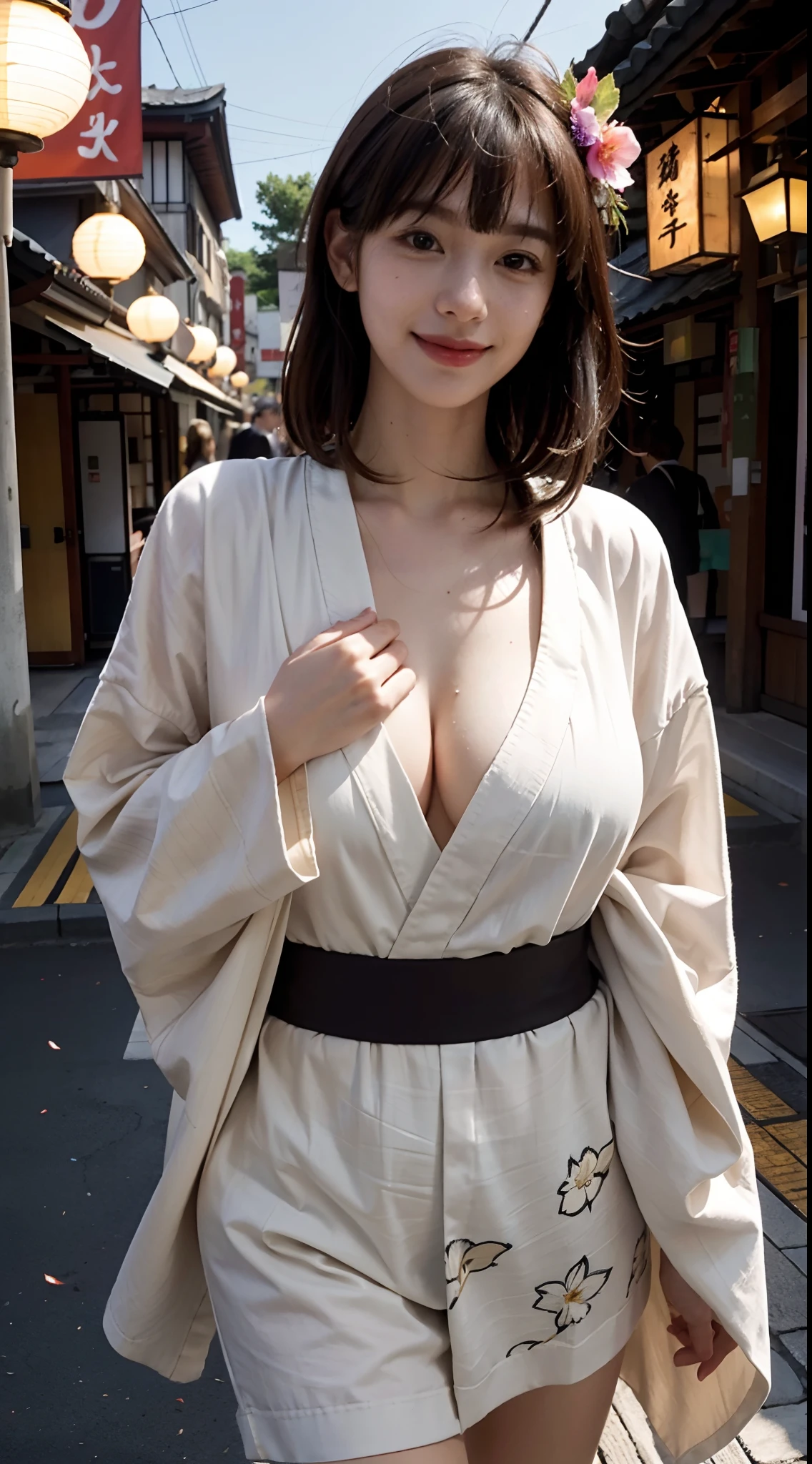 photorealistic, high resolution, soft lights, 1women, solo, hips up, shining skin, (detailed face), straight brown hair, blunt bangs,moon, lantern,spring, solo, gigantic breasts, big cleavage,hair ornament, wet, kimono, japanese clothes, walking in the street, hair flower, flower, outdoors, sky,at night, full moon,short white yukata,light smile,visible nipple,blush