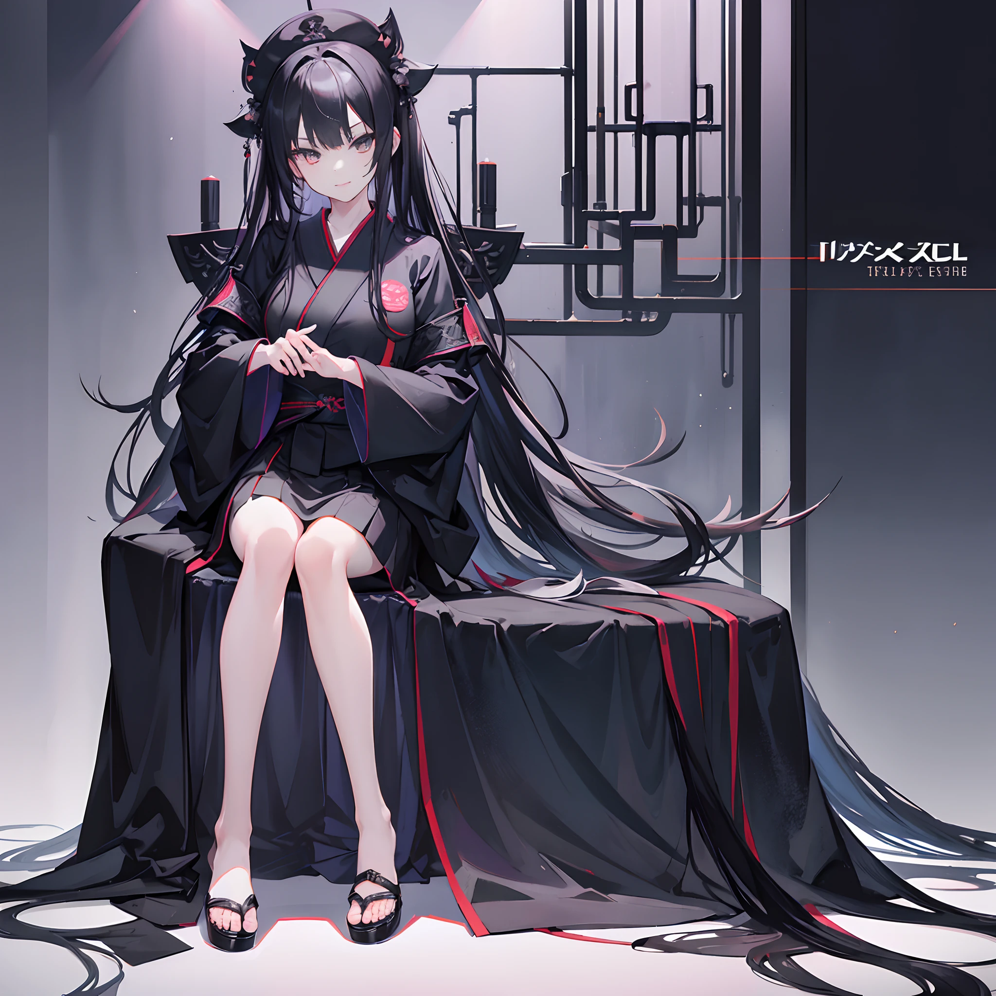 (((full body))),((solo)),(black kimono),JK,Girls' high school students，Long black hair，Very long hair，Black colored eyes，Sit in a VIP chair，night club，ssmile，Indifferent eyes