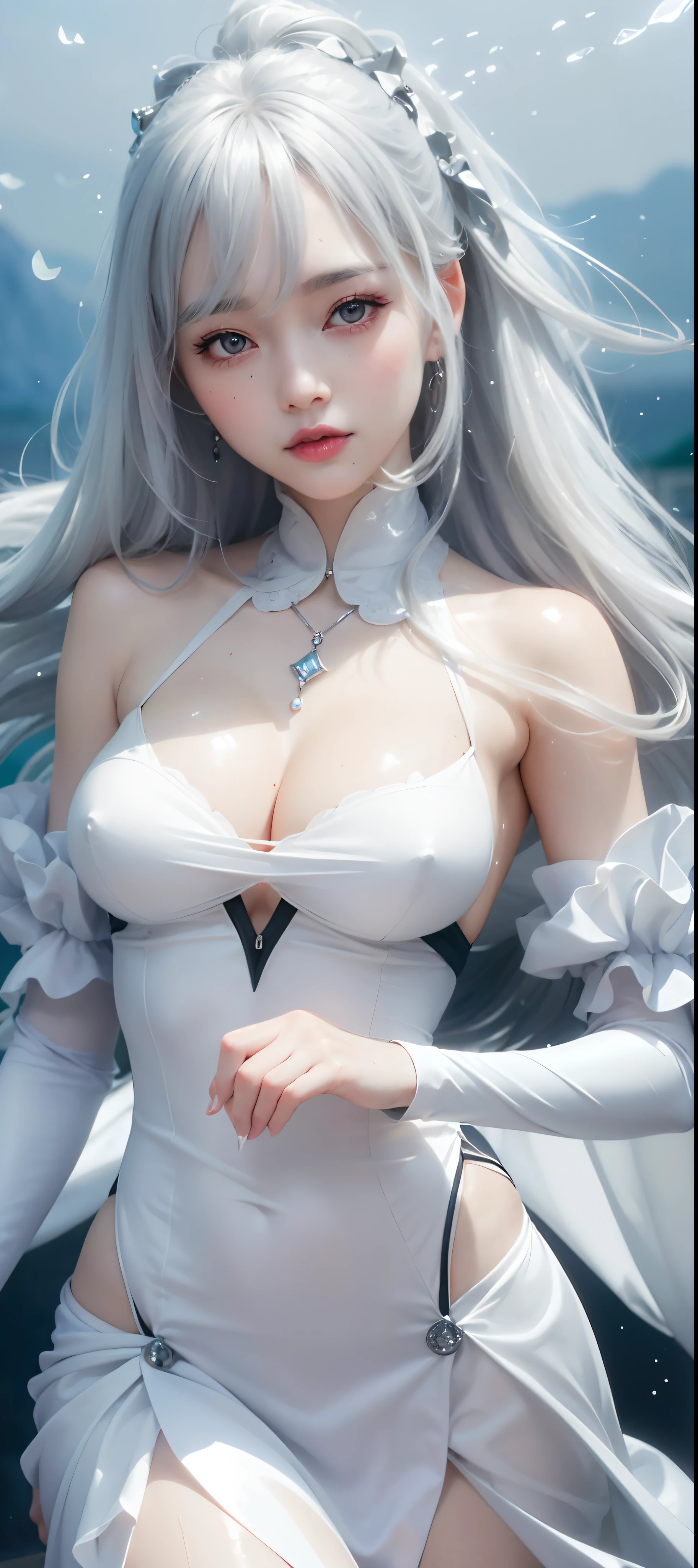 best quality, ultra high res, (photorealistic:1.4), 8k resolution, girl, (silver hair:1.3), (realistic hair:1.2), (Korean girl:1.2), (realistic eyes:1.2), (beauty face:1.3), perfect body, white pale skin, big breast, cleavage, , (eyes looked up:1.3), (wet body and thong:1.2),