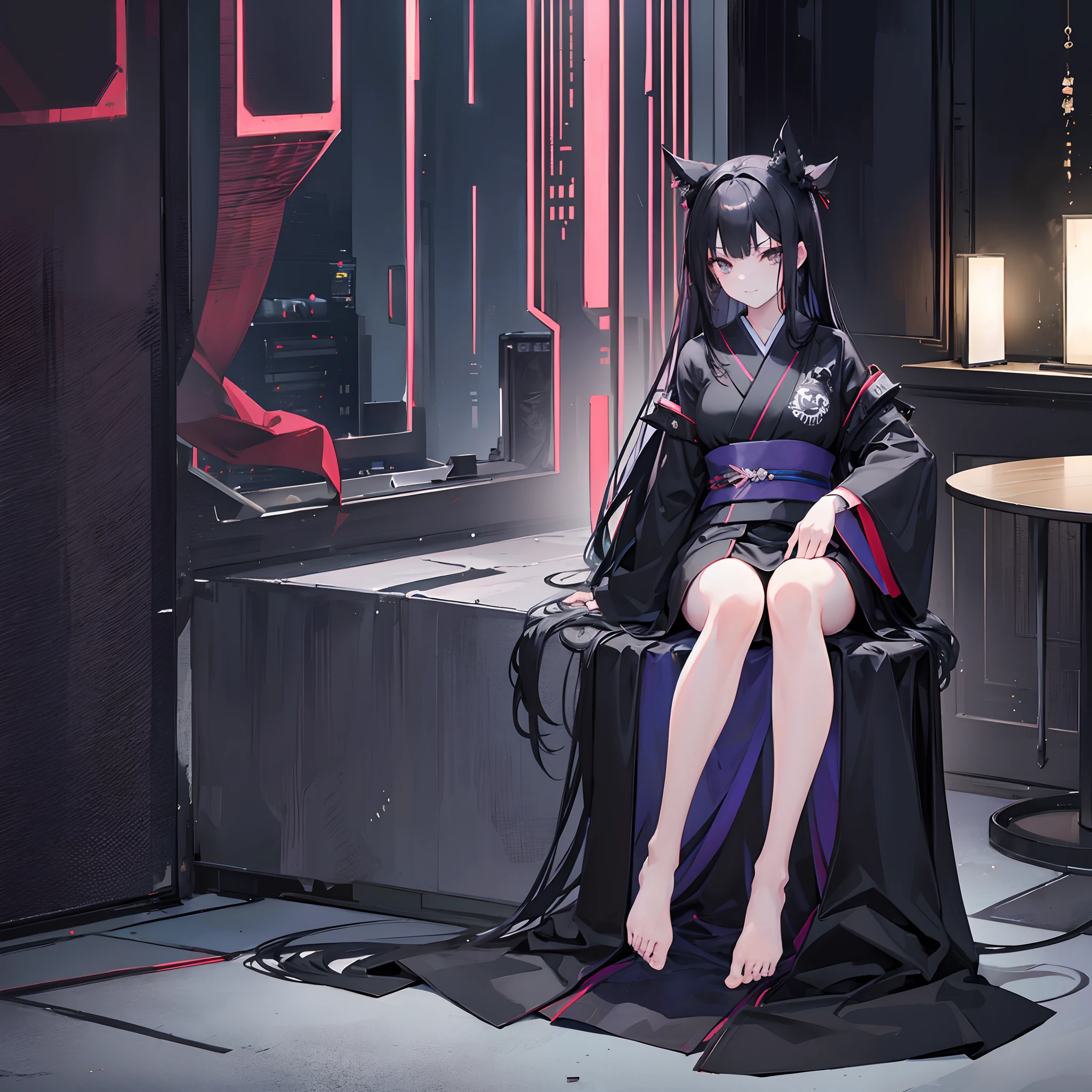 (((full body))),((solo)),(black kimono),JK,Girls' high school students,Long black hair,Very long hair,Black colored eyes,Sit in a VIP chair,night club,ssmile,Indifferent eyes
