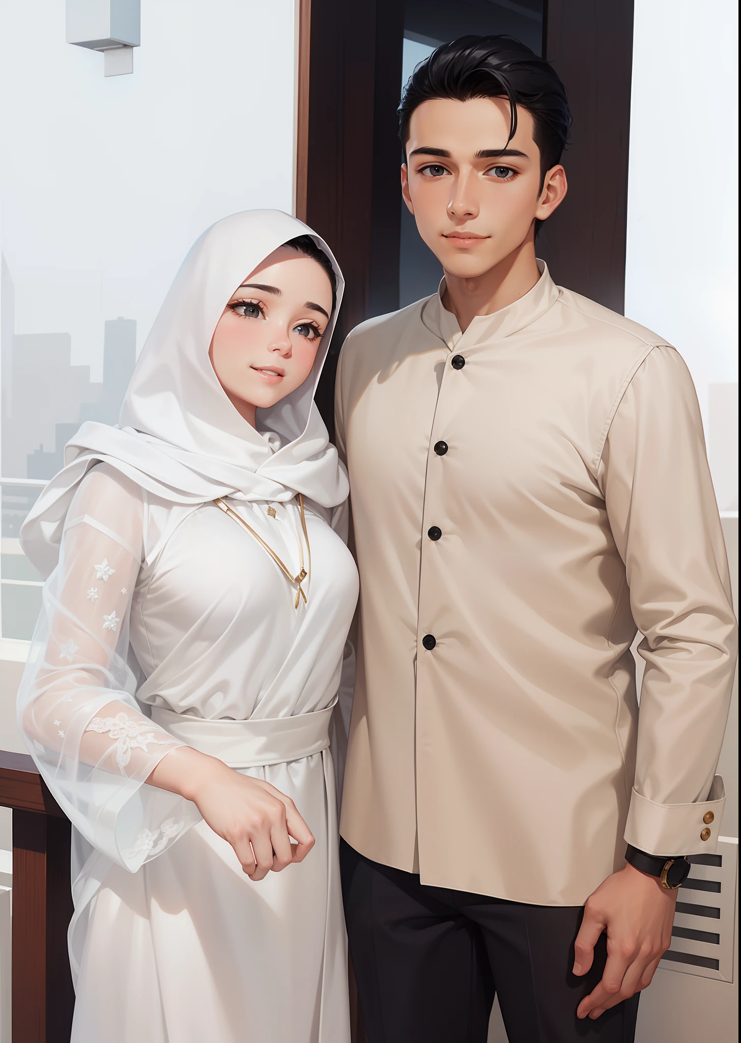 Attractive profile picture, masterpiece, ultra-precise rendering, beautiful and cool young man, trustworthy, dependable young man, savior of the world, simple design, most beautiful image, 4K, black hair, (muslin girl, white hooded, hooded girl, white dress, smiling), arabian face