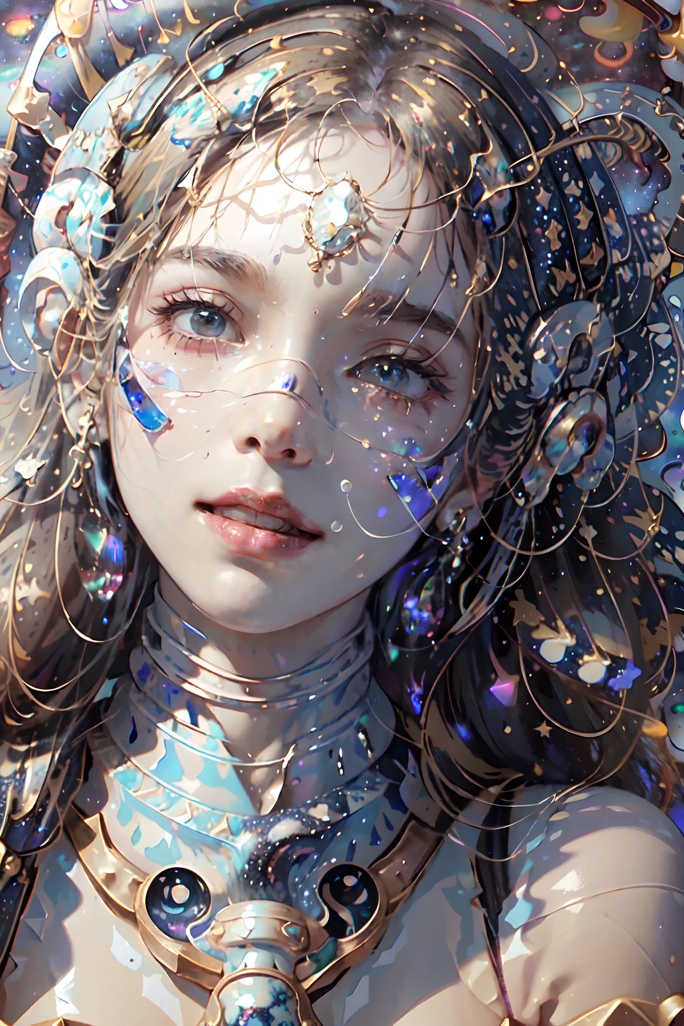 (high resolution, Incredibly detailed, Masterpiece), A complex close-up portrait of a beautiful girl,He has the universe and stars in his eyes ,beautiful face,In space , Has fractal geometry (Vibrant colors:0.6), Targeted (Milky Way Galaxy background:1.8), Bring the complex together, Mesmerizing shapes and patterns,twoddle ,Fractal art,stars and galaxies