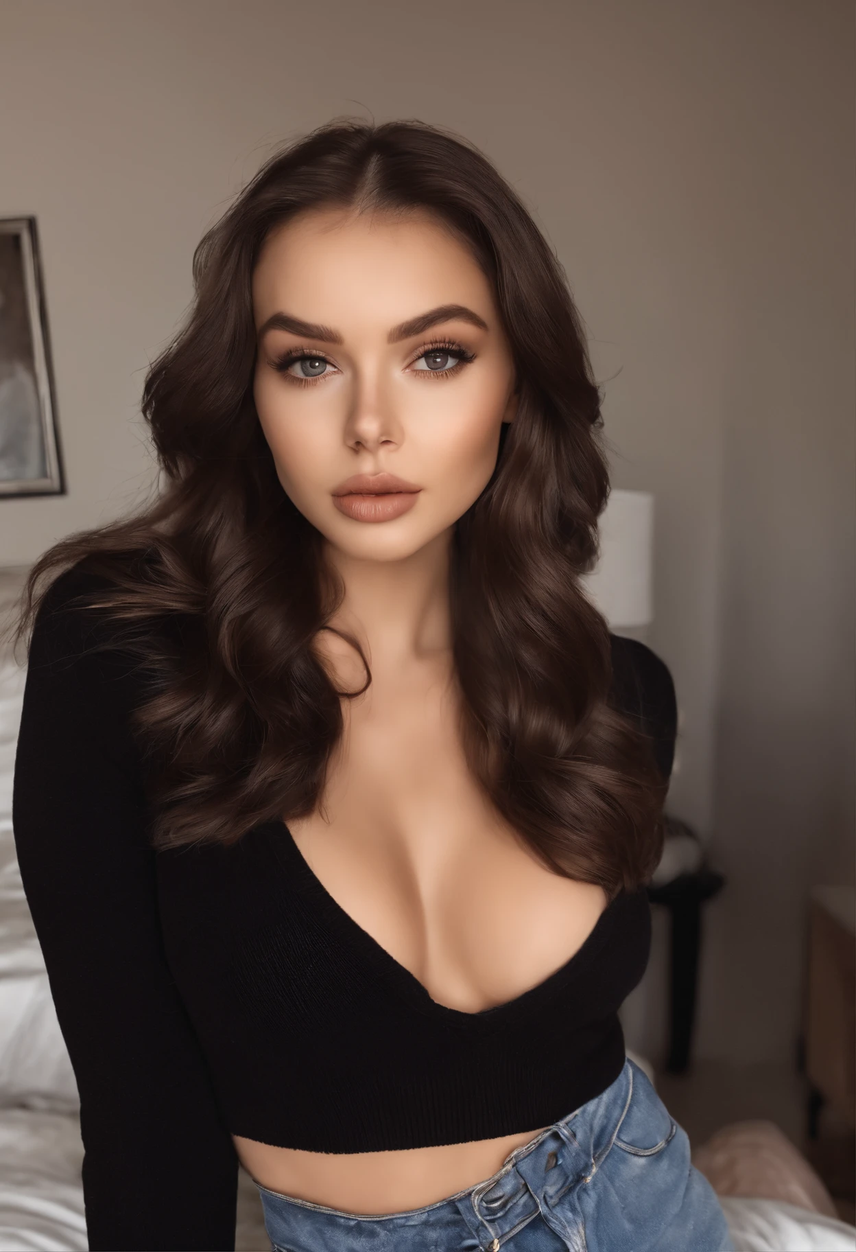 puffy woman wearing black outfit, sexy girl with brown eyes, portrait Sophie Mudd, brown hair and big eyes, selfie of a young woman, bedroom eyes, violet myers, no makeup, natural makeup, looking directly at the viewer, body straight forward , face with artgram, subtle makeup, stunning full body photo, in the bedroom, cleavage