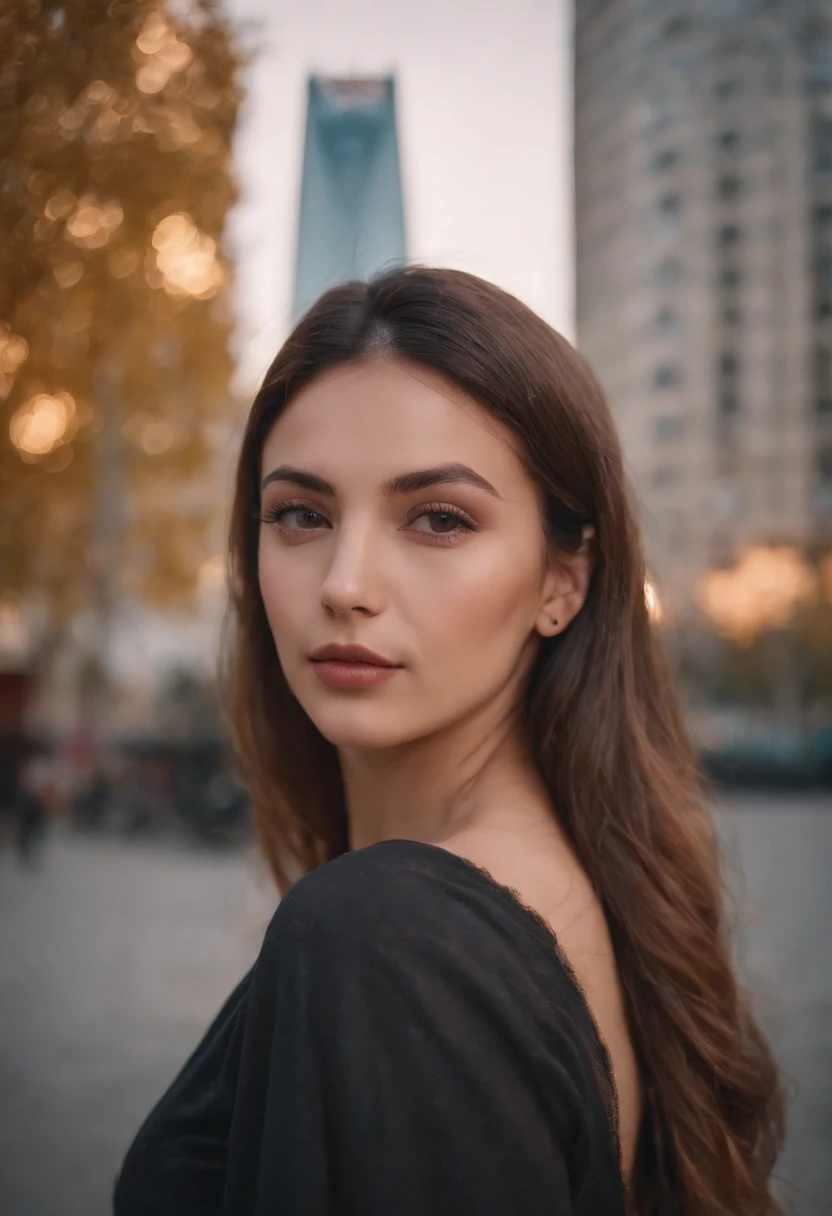travellers, in the style of rap aesthetics, girl,Baku, Azerbaijan,make for a memorable photo. The background is to the iconic Flame Towers,photo taken with fujifilm superia, charly amani, oversized portraits, babycore, upper body