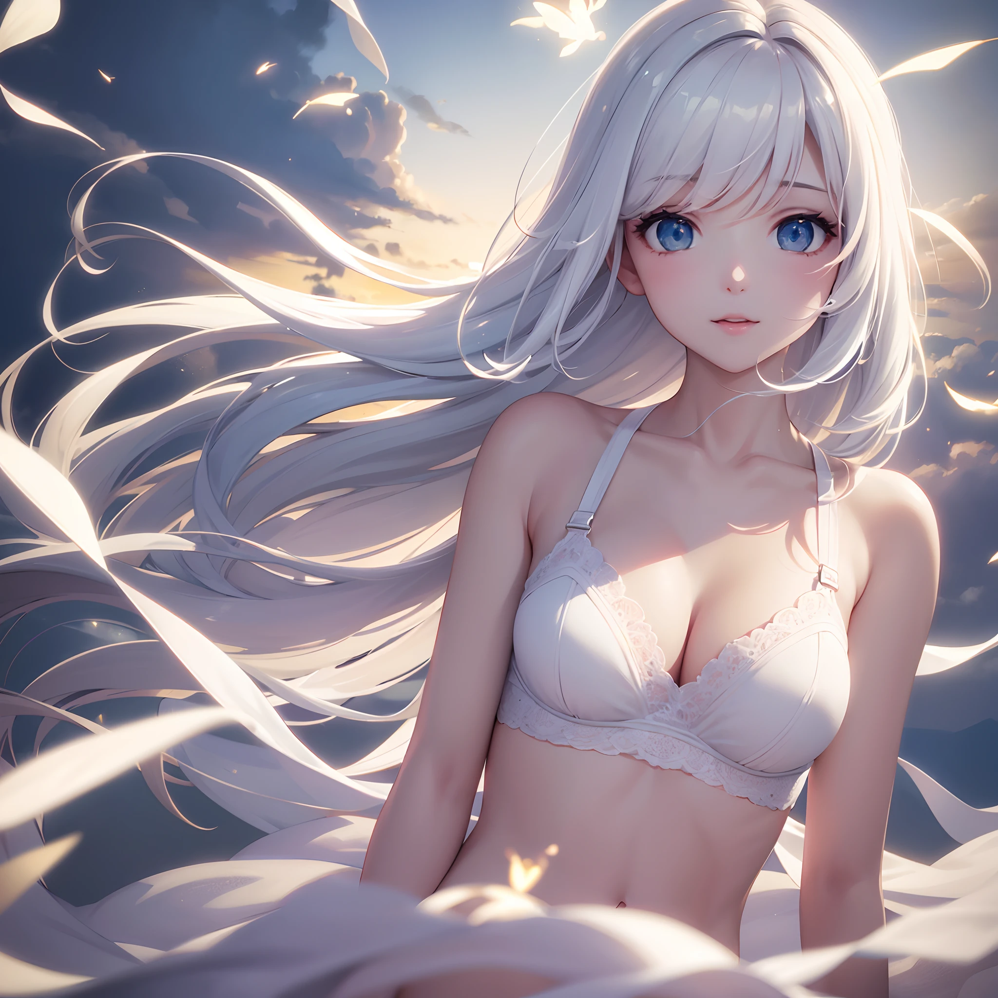 tmasterpiece，best qualtiy，cinematic Film still from，1girl in，Cloud Girl，white color hair，Floating in the sky，closeup cleavage，brightened，cheerfulness，Warm and soft lighting，Evening glow，（spark of light：0.7），Sexy underwear，