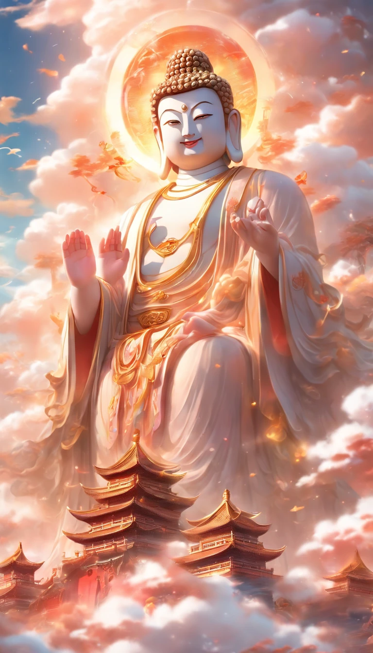 ((Masterpiece)),(Best quality)),China-style,In the sky, The clouds form a huge transparent glowing white jade Maitreya Buddha statue,Thick clouds,The sun shines,Pilgrims on the road,Hyper-realistic,Ultra photo realsisim,Real Photographics,8K,High definition,high qulity,Works of masters,super-fine,(((OC renderer)))