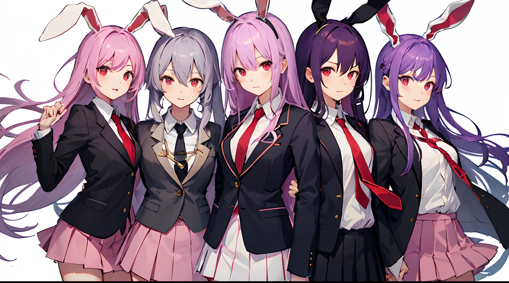 reisen udongein inaba, (medium Breasts:1.2), animal ears, rabbit ears, long hair, purple hair, red eyes, black jacket, jacket, blazer, red necktie, shirt, skirt, white shirt, necktie, pink skirt, pleated skirt, collared shirt, crescent pin,