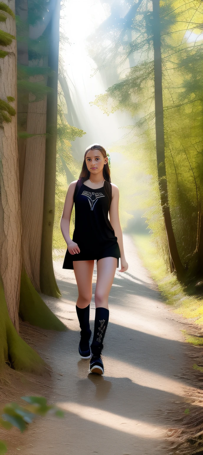 fantasy warior age girl in the mistery wood, daytime, sunrays, black pantera walking near