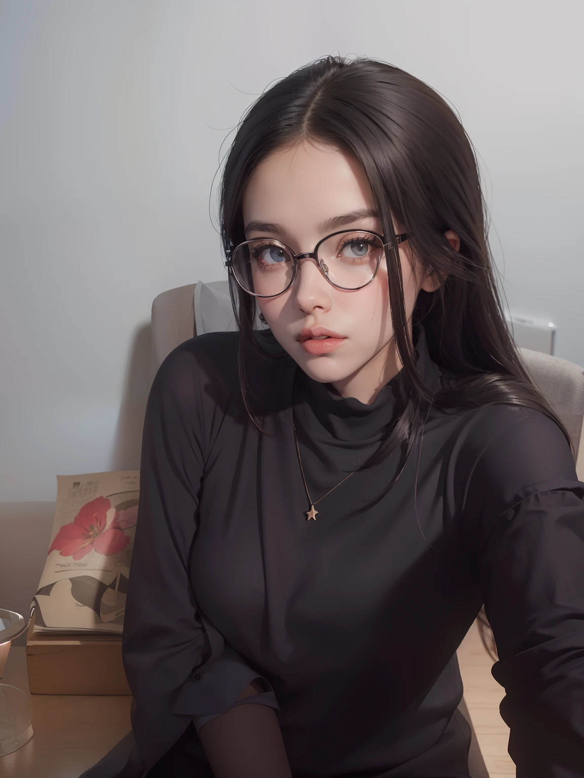 A young woman is sitting at a desk in an indoor setting. She has long, dark hair pulled back into a ponytail and wears glasses on her face. Her clothing consists of a white shirt with short sleeves and a necklace around her neck. The wall behind her is grey, and she appears to be looking off to the side as if posing for a picture. In front of her on the desk is a lamp with its shade slightly tilted towards the camera, casting light onto the scene. On top of the desk there are papers scattered about that appear to have been recently used or touched by someone's hand.