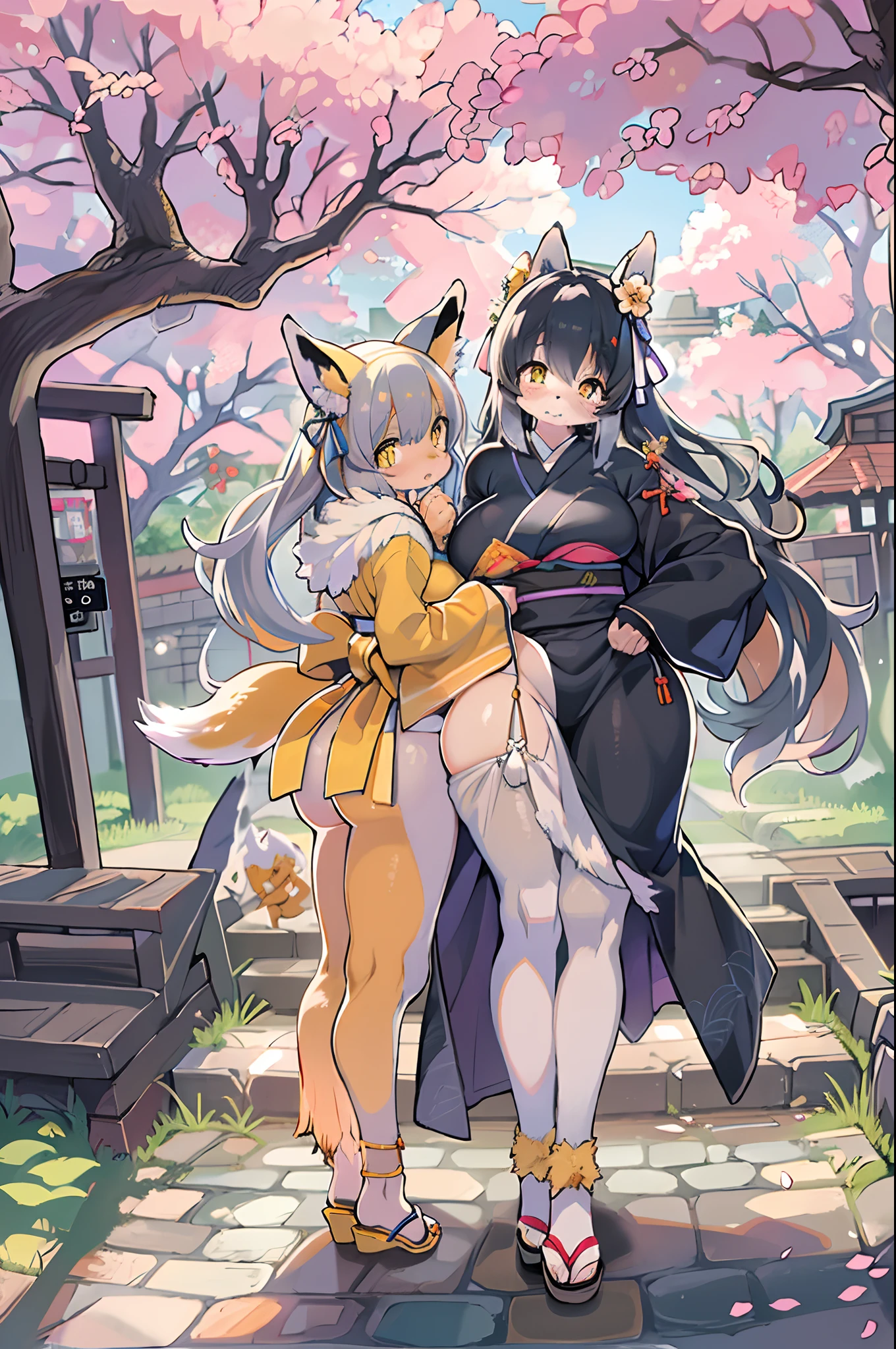 ((masutepiece,Best Quality)),2girls, Black kimono, Black legwear, a black ribbon, Black hair, cherryblossom, day, flower, Hair bun, Hair Ribbon, Komono, Kimono, Long hair, Looking at Viewer, Looking back , Multiple girls, Outdoors, bow ribbon, Sandals, single bun, stairs, Statue, torii gate, tree, Yellow eyes、body covered with fur、huge-breasted、thighs thighs thighs thighs,、bbw、big butts、Ultramammy、(((Fox Woman)))、body covered with fur、kawaii、lesbian、Deep kissing