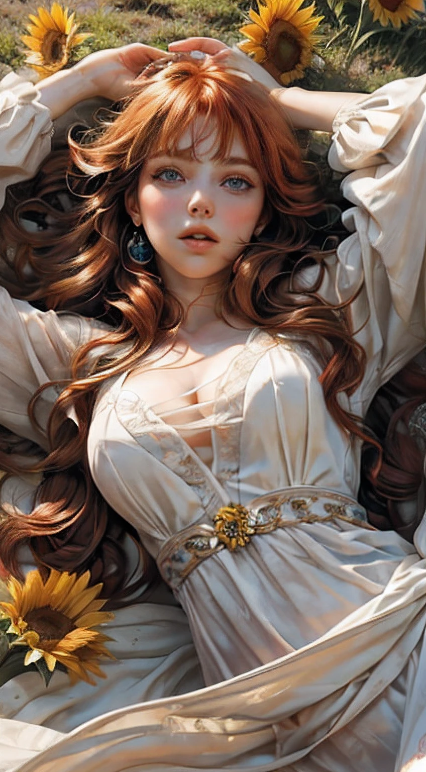 1 mature woman with redhead long wavy hair with bangs (wavy hair) (hair flying on the air) (blue eyes), red princess clothes (red color), (masterpiece), soft sun light, (incredibly colorful), lightning falling on the ground, soft light on her face, (ultra high quality), (8K quality), depth of field, ambient lighting, ((soft detail)), sunflower flower field background (sunflower petals flying on the air), she is laying in the middle of flower field ((laying down pose)) ((looking up while laying)), view from top down, white lighting effects, (realistic: 1.3), (max sharp) (detailed face) (detailed eyes), detailed lighting, perfect shadow, Masterpiece, best picture quality, nature landscape full of delicate leaves, petals of various colors slowly falling in the air, lighting excellent enough, overall picture quality very detailed and realistic, best illustration and best shadow effect.
