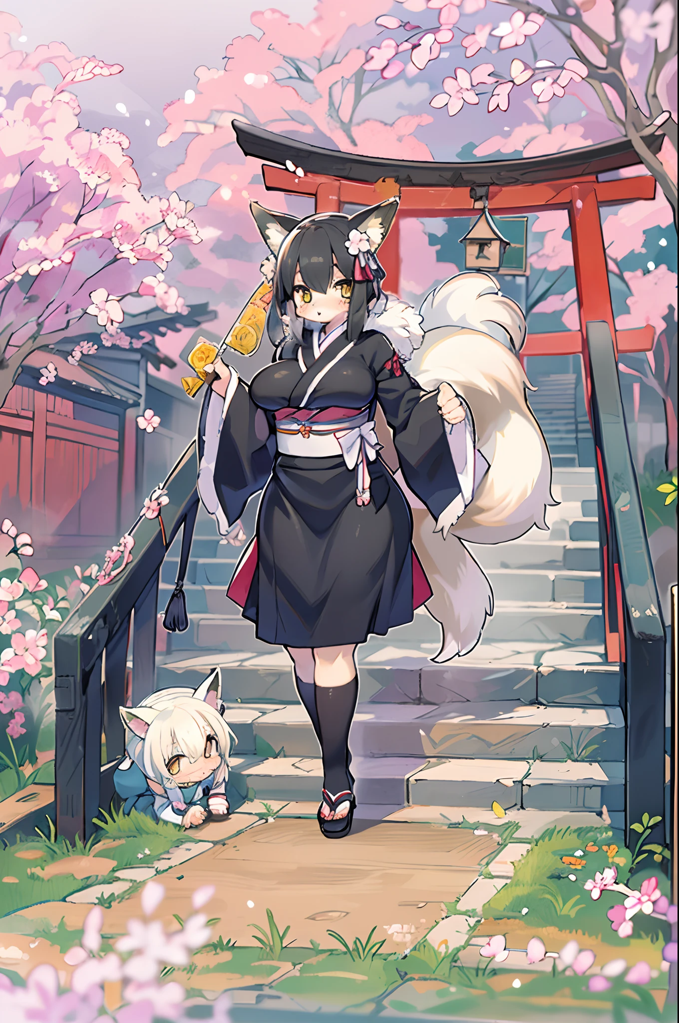 ((masutepiece,Best Quality)),2girls, Black kimono, Black legwear, a black ribbon, Black hair, cherryblossom, day, flower, Hair bun, Hair Ribbon, Komono, Kimono, Long hair, Looking at Viewer, Looking back , Multiple girls, Outdoors, bow ribbon, Sandals, single bun, stairs, Statue, torii gate, tree, Yellow eyes、body covered with fur、huge-breasted、thighs thighs thighs thighs,、bbw、big butts、Ultramammy、(((Fox Woman)))、body covered with fur、kawaii、lesbian、Deep kissing