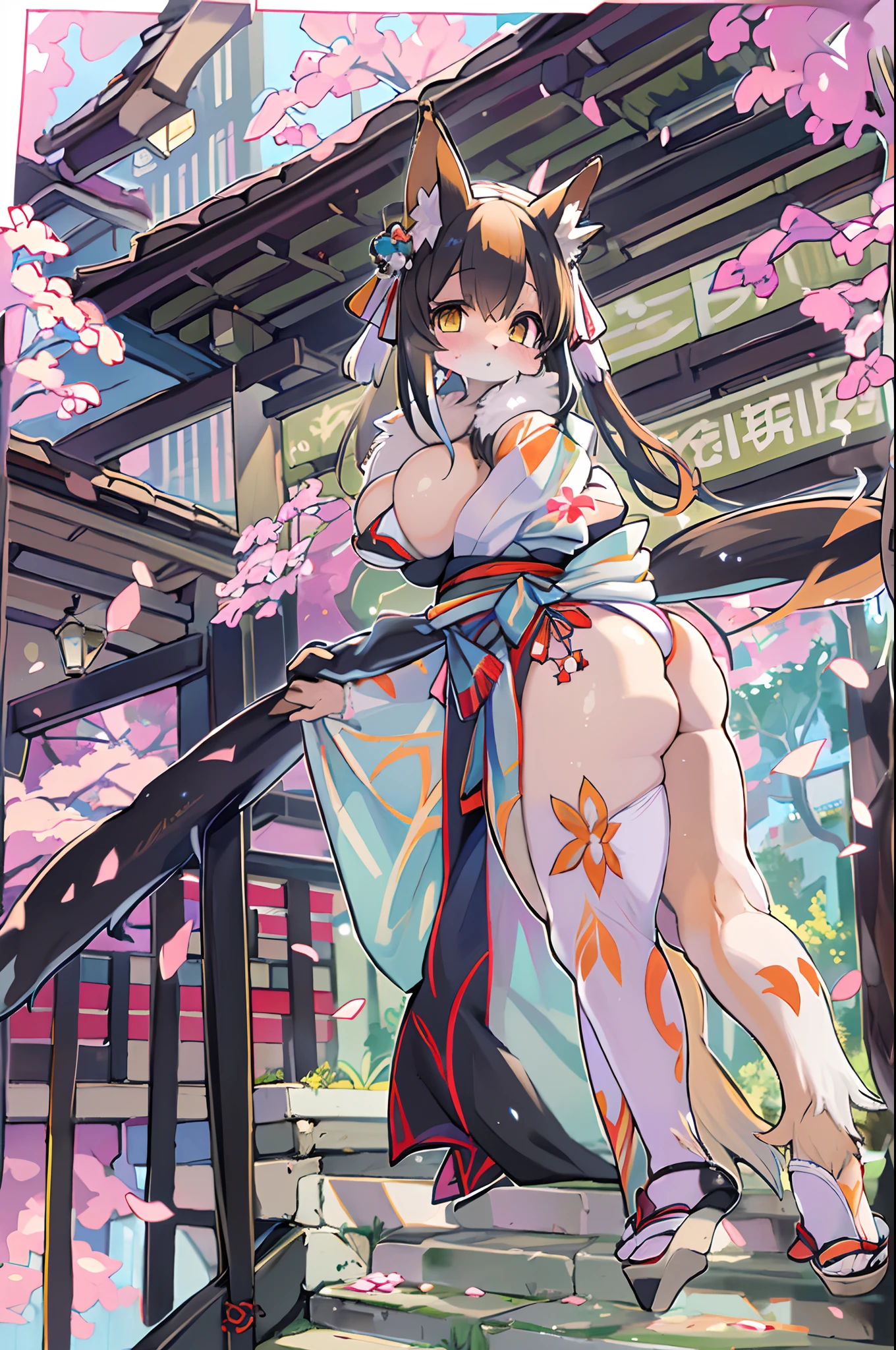 ((masutepiece,Best Quality)),2girls, Black kimono, Black legwear, a black ribbon, Black hair, cherryblossom, day, flower, Hair bun, Hair Ribbon, Komono, Kimono, Long hair, Looking at Viewer, Looking back , Multiple girls, Outdoors, bow ribbon, Sandals, single bun, stairs, Statue, torii gate, tree, Yellow eyes、body covered with fur、huge-breasted、thighs thighs thighs thighs,、bbw、big butts、Ultramammy、(((Fox Woman)))、body covered with fur、kawaii、lesbian、Deep kissing