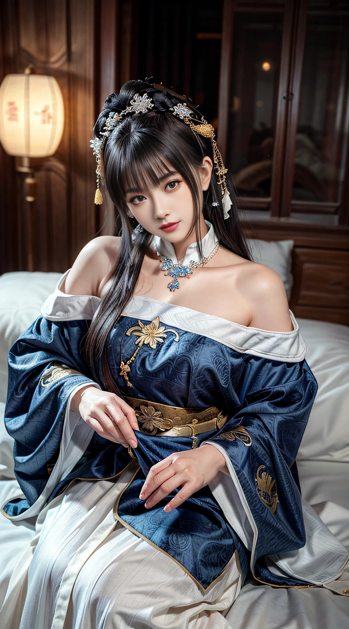 ((extremely detailed CG)), ((8k_wallpaper)), (masterpiece),best quality, high resolution illustration, hyperdetailed, highres,((Overexposure)),
bare shoulders,(Upper body),head tilt, seiza, seductive smile,
1girl,long hair,beautiful_face,Highly detailed and beautiful eyes,(an extremely delicate and beautiful),(Beautiful and detailed facial depiction),Mature women
Chinese antique clothing,White and blue Taoist robe,earrings,necklace,
Winter snow,