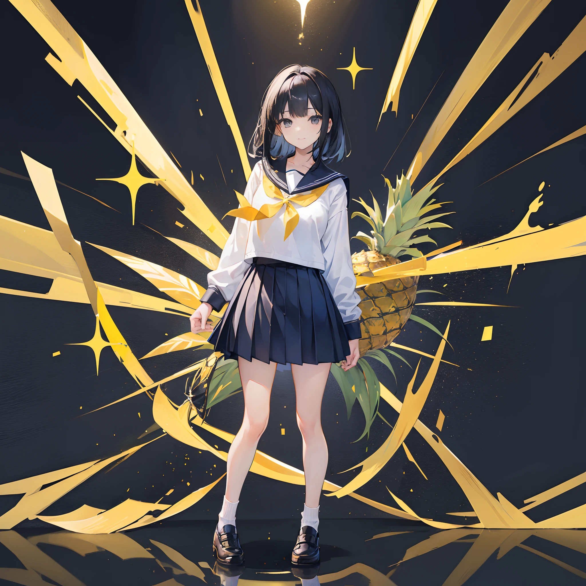 (((full body))),((solo)),(School uniform with gold rimmed on a black background),JK,Girls' high school students，Black hair，Pineapple hair style，Black colored eyes，stand posture，ssmile，proud expression