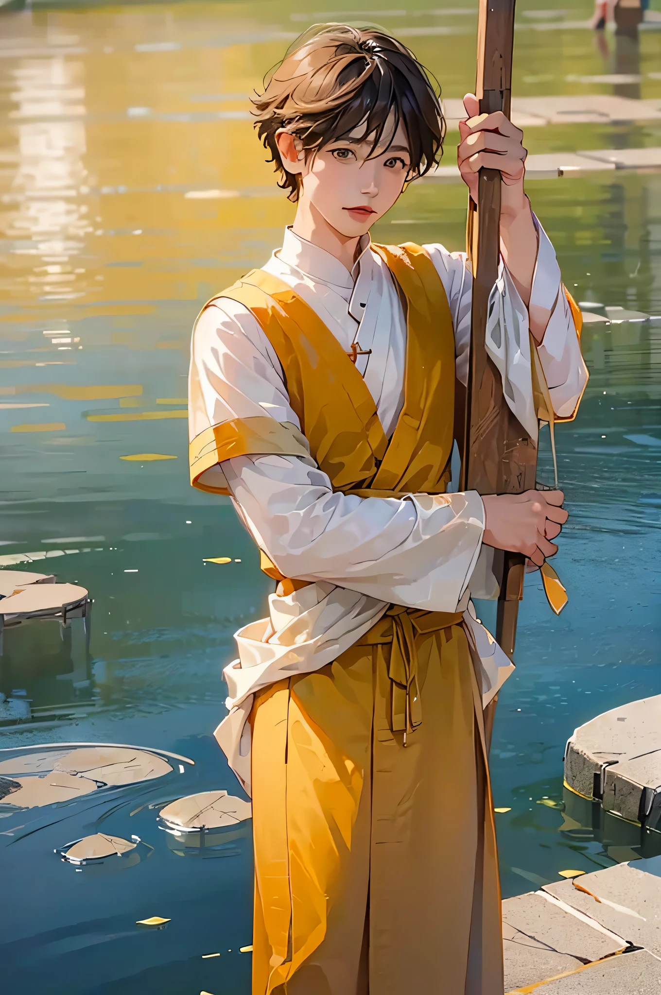 (in 8K、top-quality、​masterpiece:1.2)、1 boy、short-haired、Hair short、Brown-skinned、Yellow view、