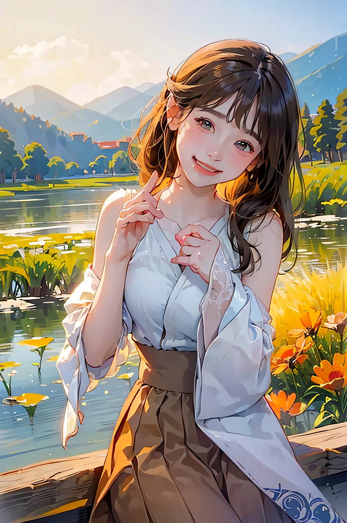 (in 8K、top-quality、masterpiece:1.2)、1人の女性、(Smiling smile:1.1)、beautidful eyes、Valley、The upper part of the body、shorth hair、Like a boy、poneyTail、Yellow view、