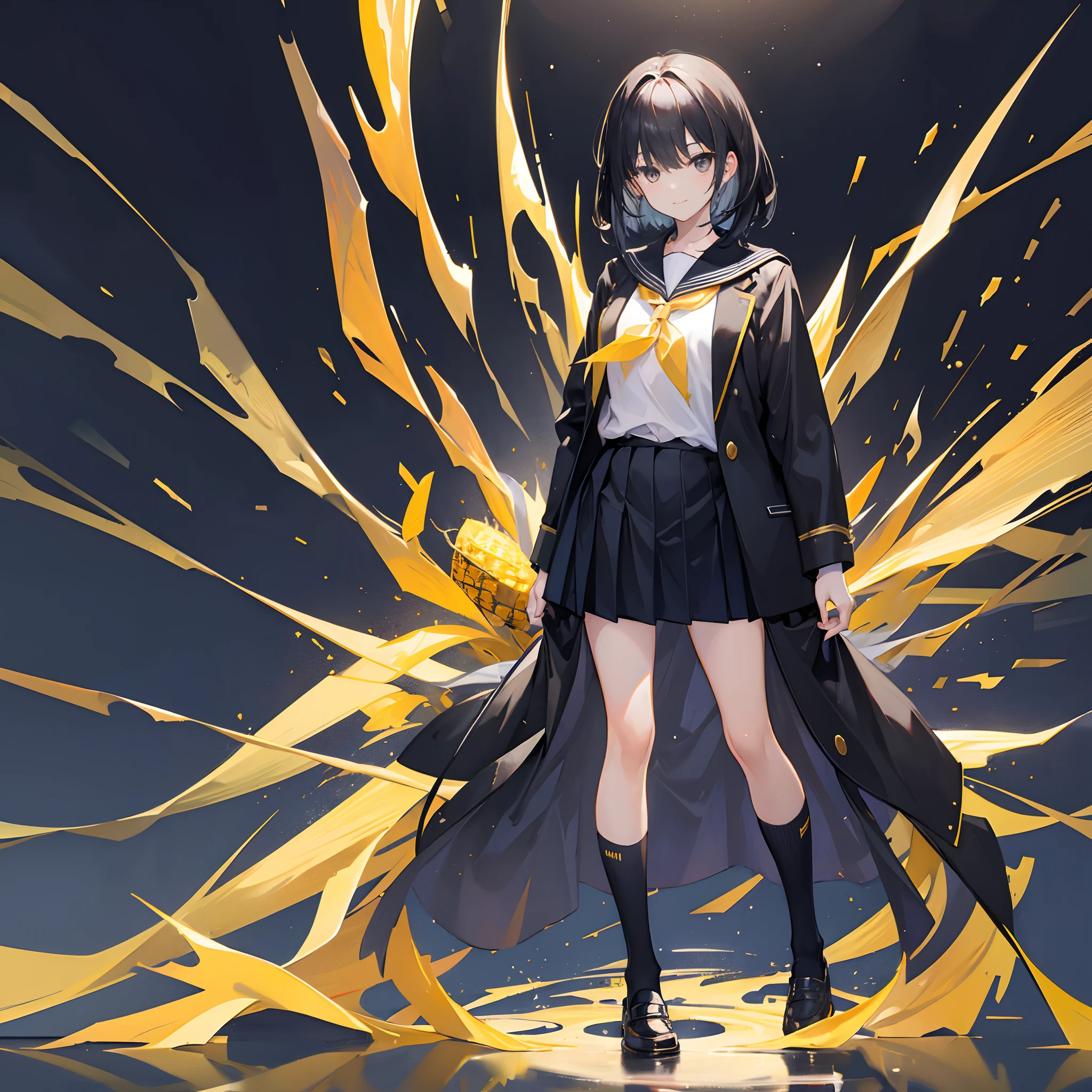 (((full body))),((solo)),(School uniform with gold rimmed on a black background),JK,Girls' high school students,Black hair,Pineapple hair style,Black colored eyes,stand posture,ssmile,proud expression