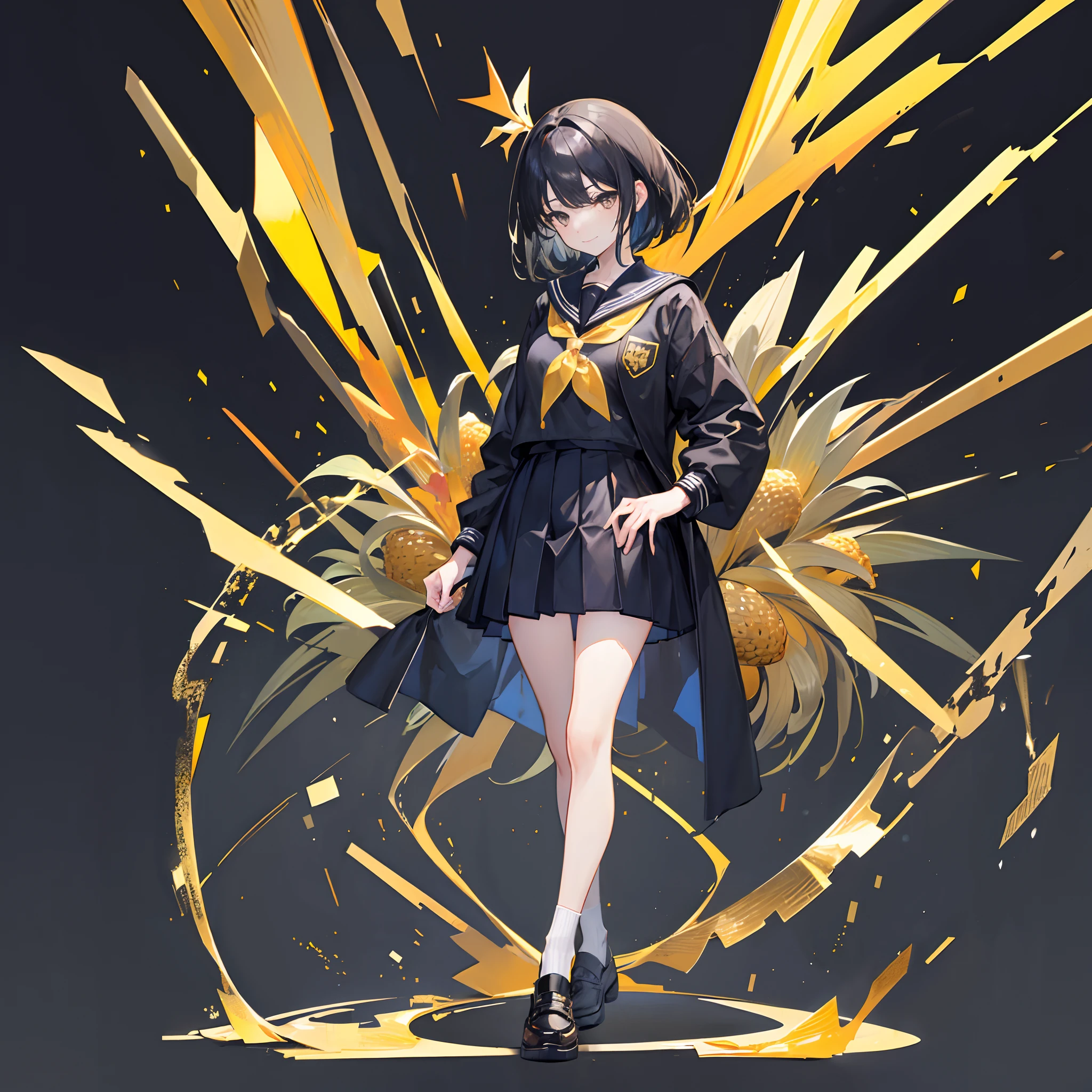 (((full body))),((solo)),(School uniform with gold rimmed on a black background),JK,Girls' high school students,Black hair,Pineapple hair style,Black colored eyes,stand posture,ssmile,proud expression
