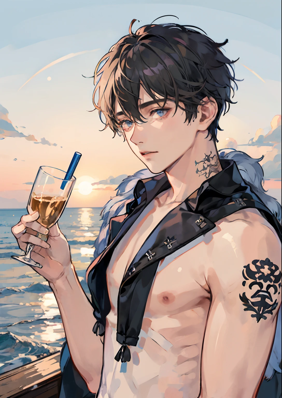1boy,11 only、(Man's :2) ,Handsome boy,brown colored long hair、 Collar,tattooed、Upper body naked、starrysky 、sand beach、beautiful lighting、hightquality、masutepiece,8K,