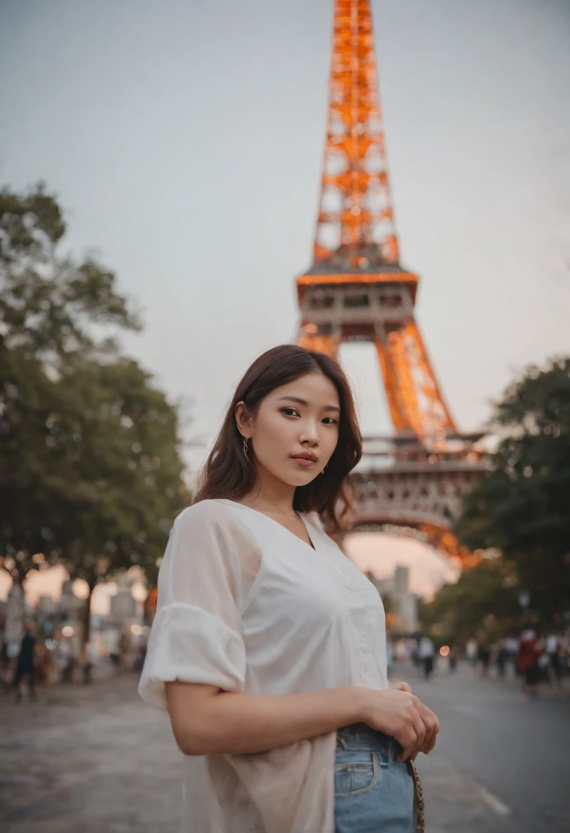 travellers, in the style of rap aesthetics, girl,Tokyo, Japan,make for a memorable photo. The background is to the iconic Tokyo Tower,photo taken with fujifilm superia, charly amani, oversized portraits, babycore, upper body