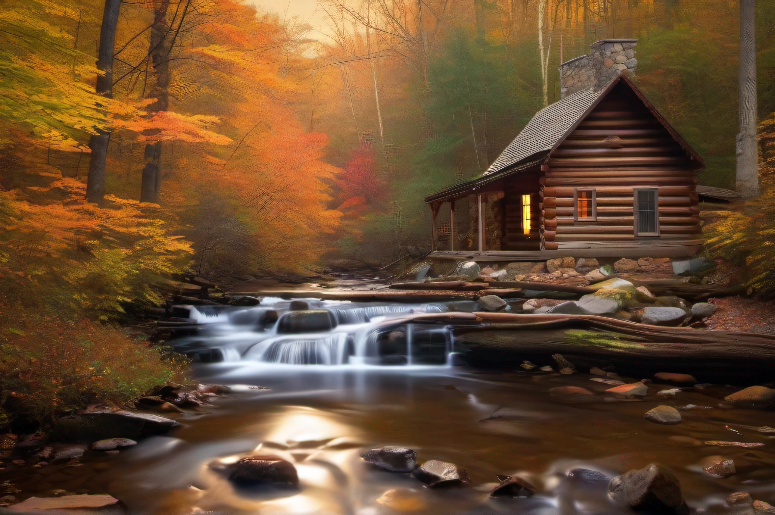 A log cabin smoke from chimney in the woods, snowy smoky mountains, a creek, deer, birds, autumn