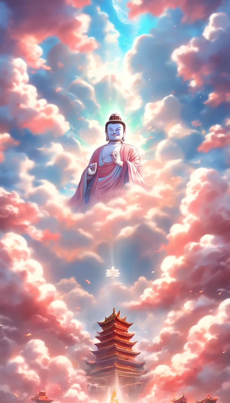((masutepiece)),(Best quality)),China style,In the sky, The clouds form a huge transparent shiny white jade Maitreya Buddha statue,Thick clouds,and the sun was shining brightly,Pilgrims on the road,Hyper-realistic,Ultra photo realsisim,Pink,8K,High definition,high qulity,Works of masters,super-fine,(((OC renderer)))