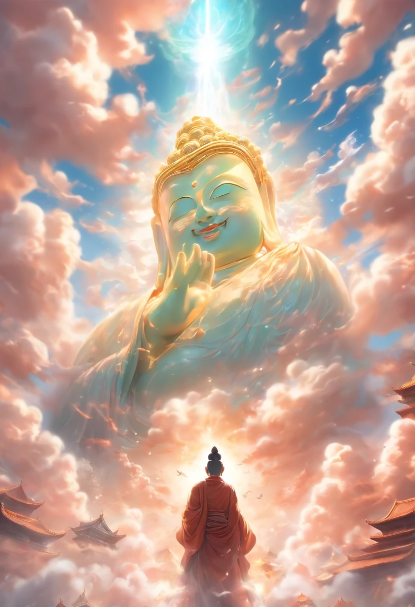((Masterpiece)),(Best quality)),China-style,In the sky, The clouds form a huge transparent glowing white jade Maitreya Buddha statue,Thick clouds,The sun shines,Pilgrims on the road,Hyper-realistic,Ultra photo realsisim,Real Photographics,8K,High definition,high qulity,Works of masters,super-fine,(((OC renderer)))