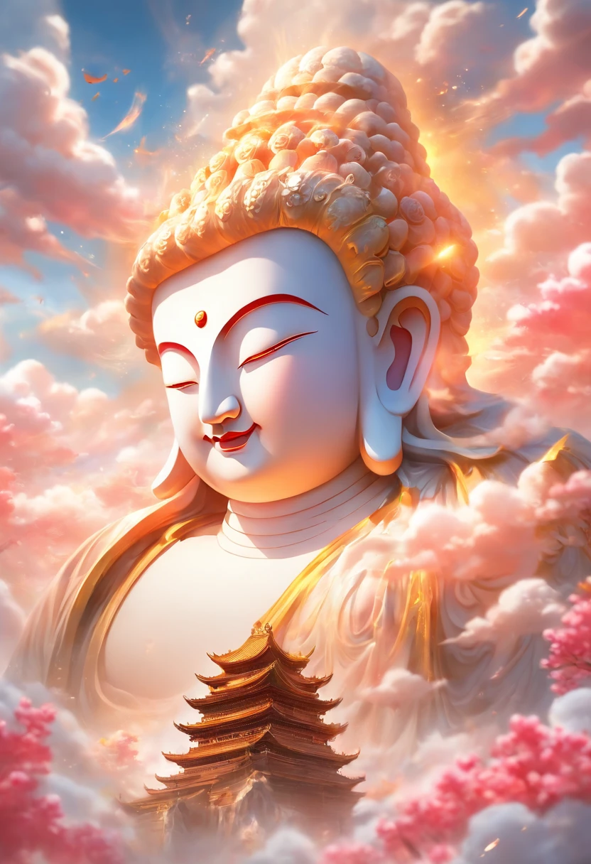((Masterpiece))，(Best quality))，China-style，In the sky, The clouds form a huge transparent glowing white jade Maitreya Buddha statue，Thick clouds，The sun shines，Pilgrims on the road，Hyper-realistic，Ultra photo realsisim，Real Photographics，8K，High definition，high qulity，Works of masters，super-fine，（（（OC renderer）））