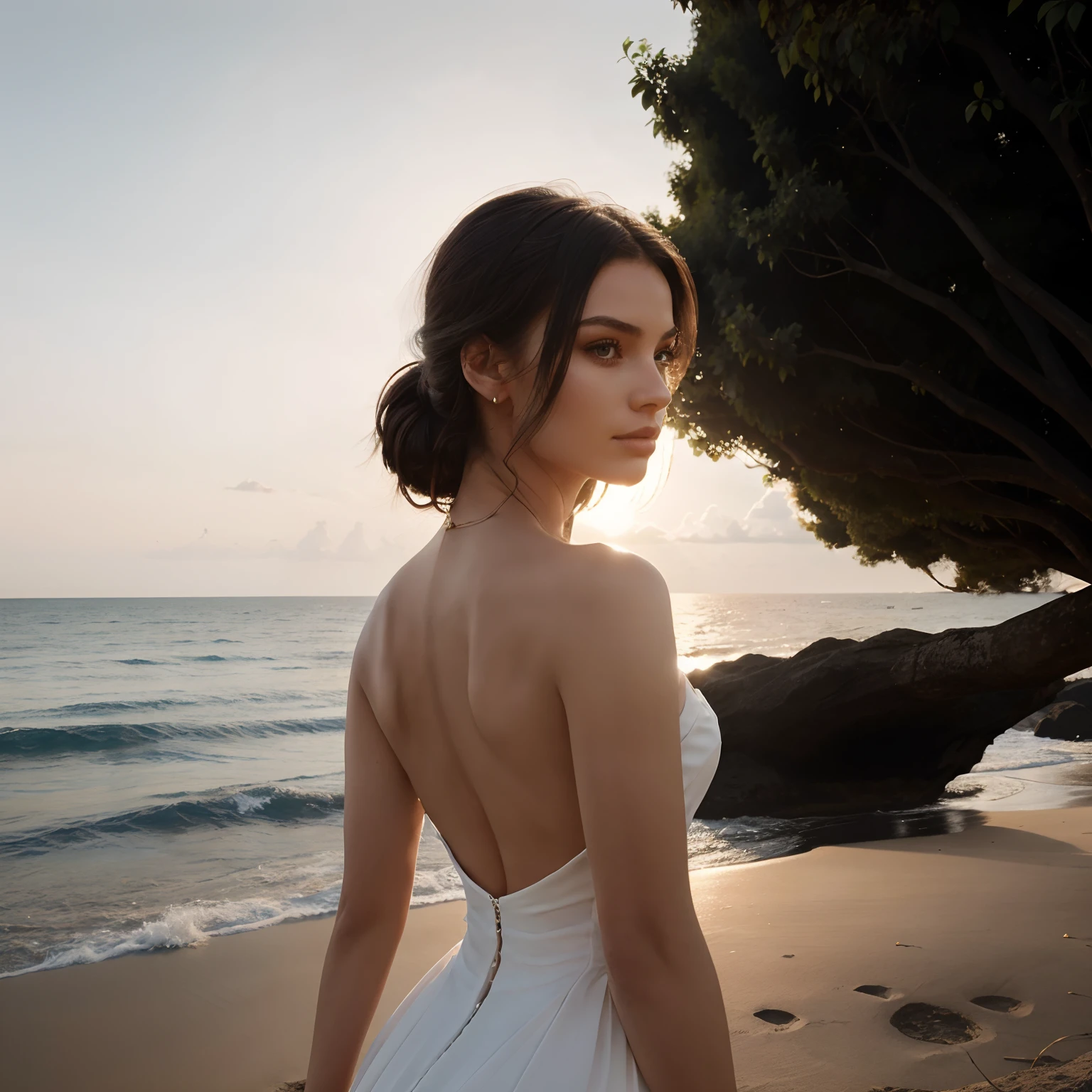 (Absurdres) (Masterpiece) (Best quality) (Ultra-detailed), (simple and elegant) woman in silhouette, perfect body, elegant dress, wind blows, (strong backlight), (subtle details), (calming atmosphere).