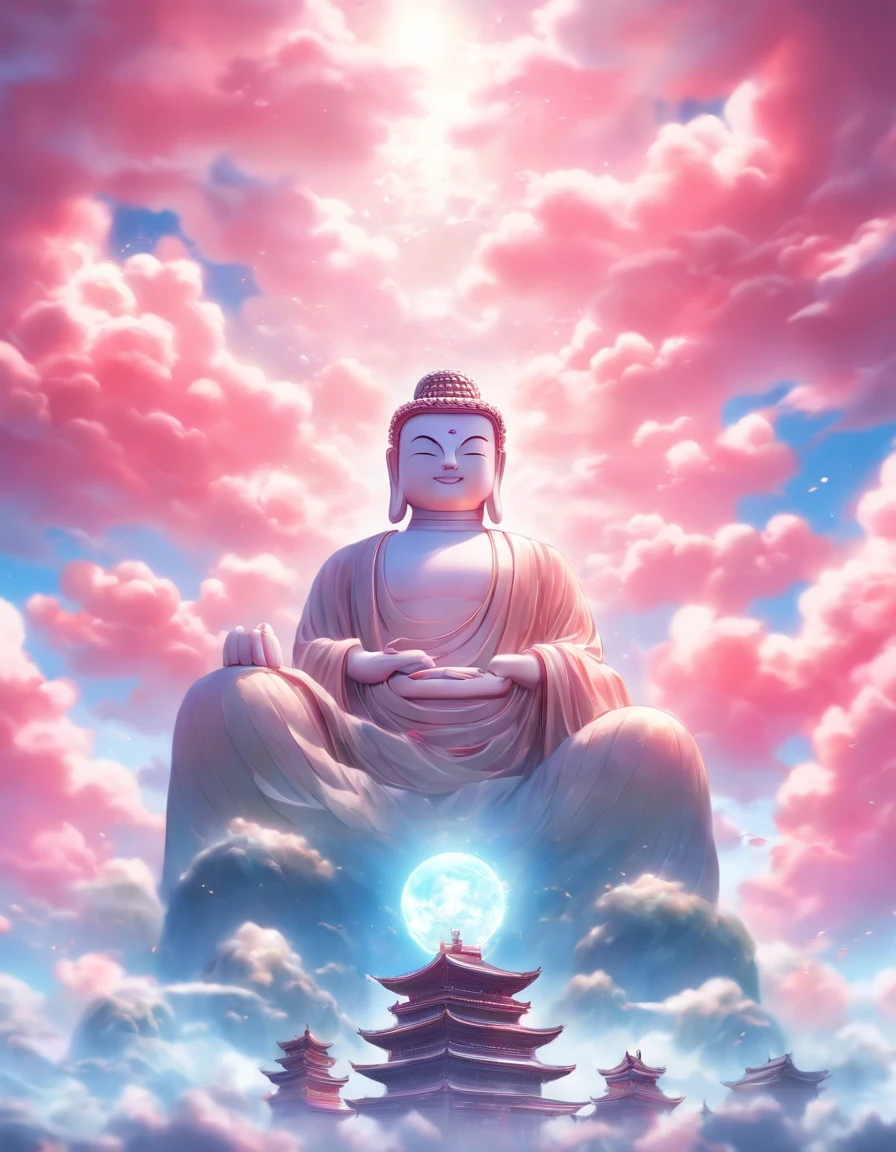 ((Meisterwerk)),(best quality)),Im Porzellan-Stil,am Himmel, Die Wolken bilden eine riesige, transparente, bright white jade maitreya Buddha statue,dicke Wolken,Die Sonne scheint,Pilger unterwegs,hyperrealistisch,Ultra-Foto-Realisim,Echte Photographie,8K,hight resolution,High quality,Werke von Meistern,superfein,(((OC-Renderer)))