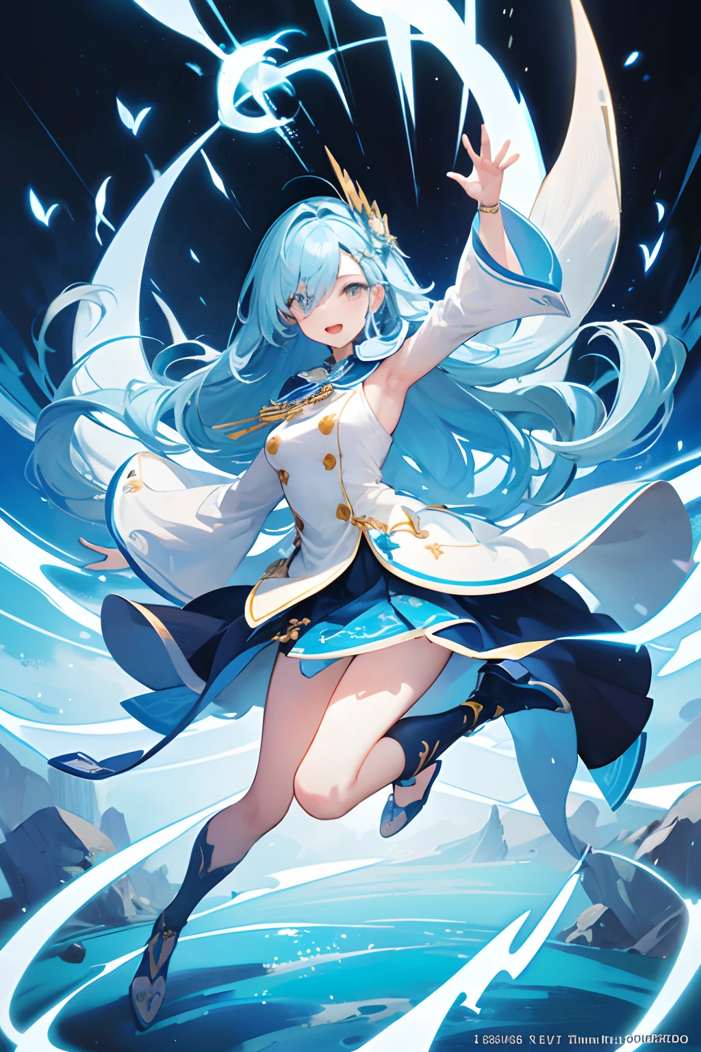 (mouthpiece, of the highest quality, Illustration, Very high quality, Very fine writing), Full body, Vibrant, No background, One Person, dignitary,
heel, spiritual, Female, Light blue, walls, Close one eye and smile, Open mouth, Repair magic