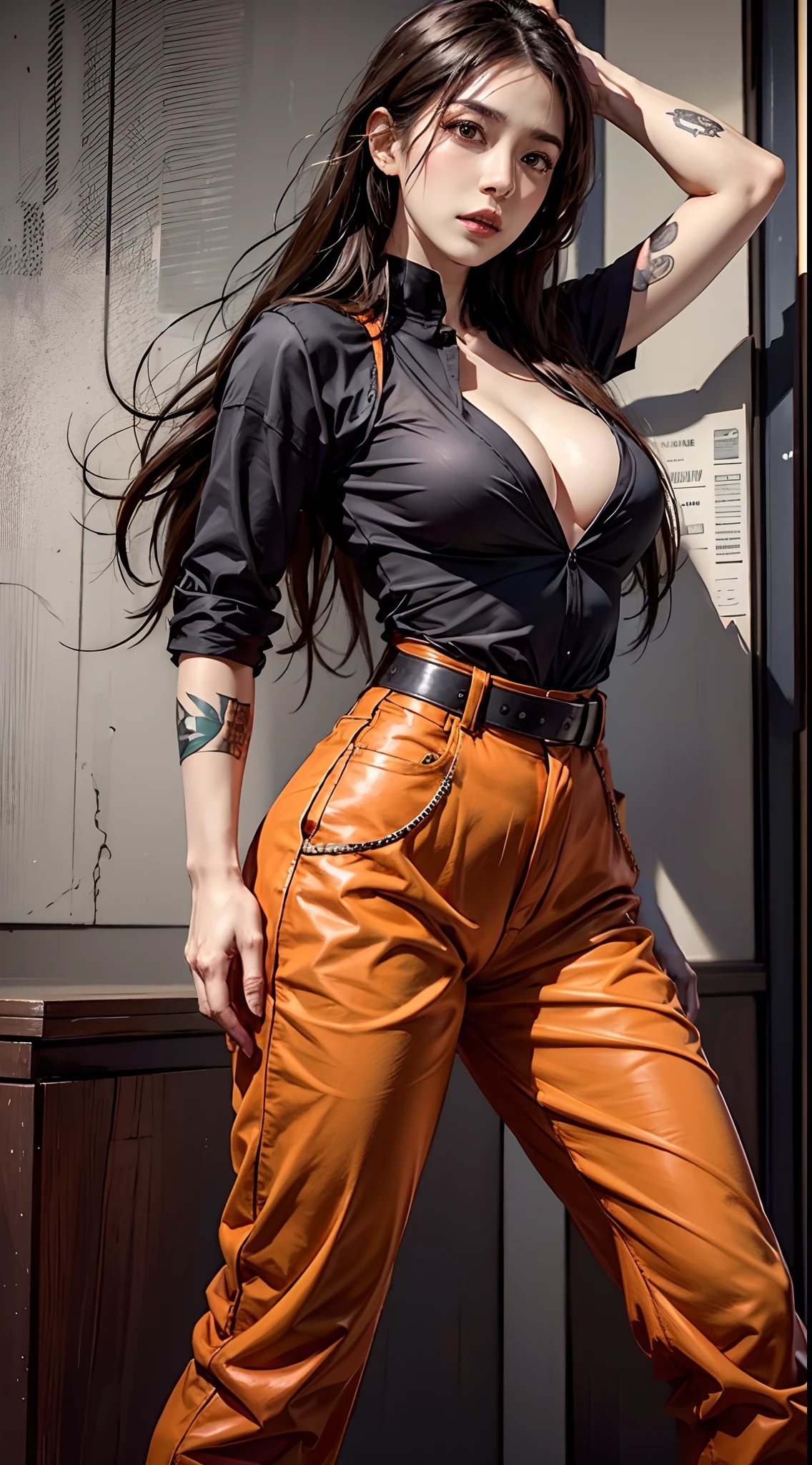 photorealistic, high resolution, 1women, mature female, solo, hips up, long hair, tattoo, dougi, belt, orange pants,TurtleSchoolUniform