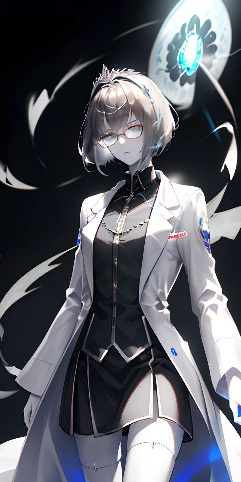 ((masterpiece)),((best/high quailty)),((extreme details))，((high resolution)),8k,64k, (((male))), ((lab_coat)), ((silver diadem)), black background with wind sketch, short haircut, ((glowing white skin)), (((transparent skin))), silver ring by Quanon, brown hair, glowing hair tip, wearing round glasses