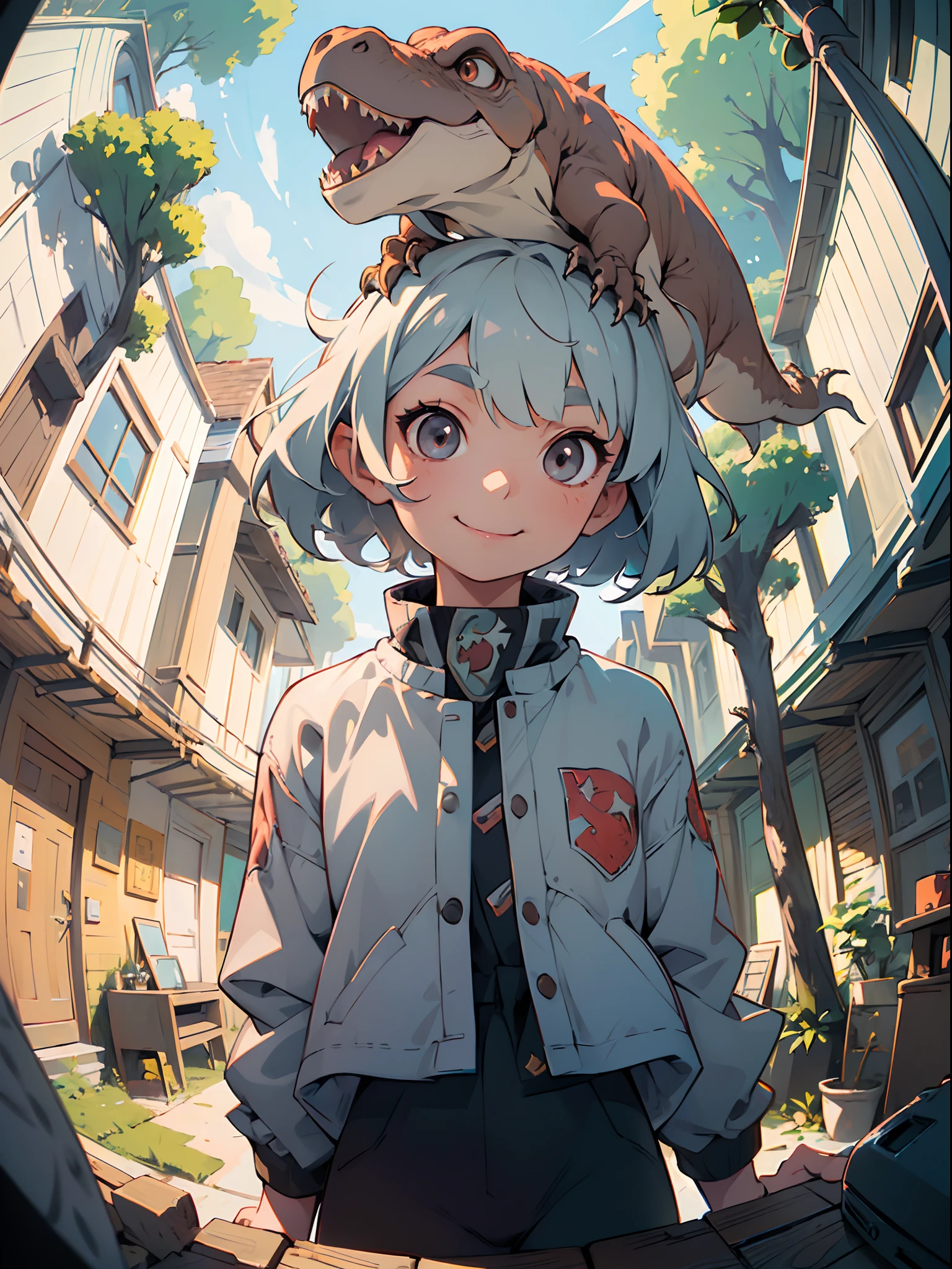 (girl), (t-rex, Tyrannosaurus on head:1.3), (starly eyes), silver hair, short hair, platinum skin, smile, 
break
 old earth, big tree, 
break
(fisheye:1.2), looking down, from below, 
(pastel color:1.2), (flat color:1.2),