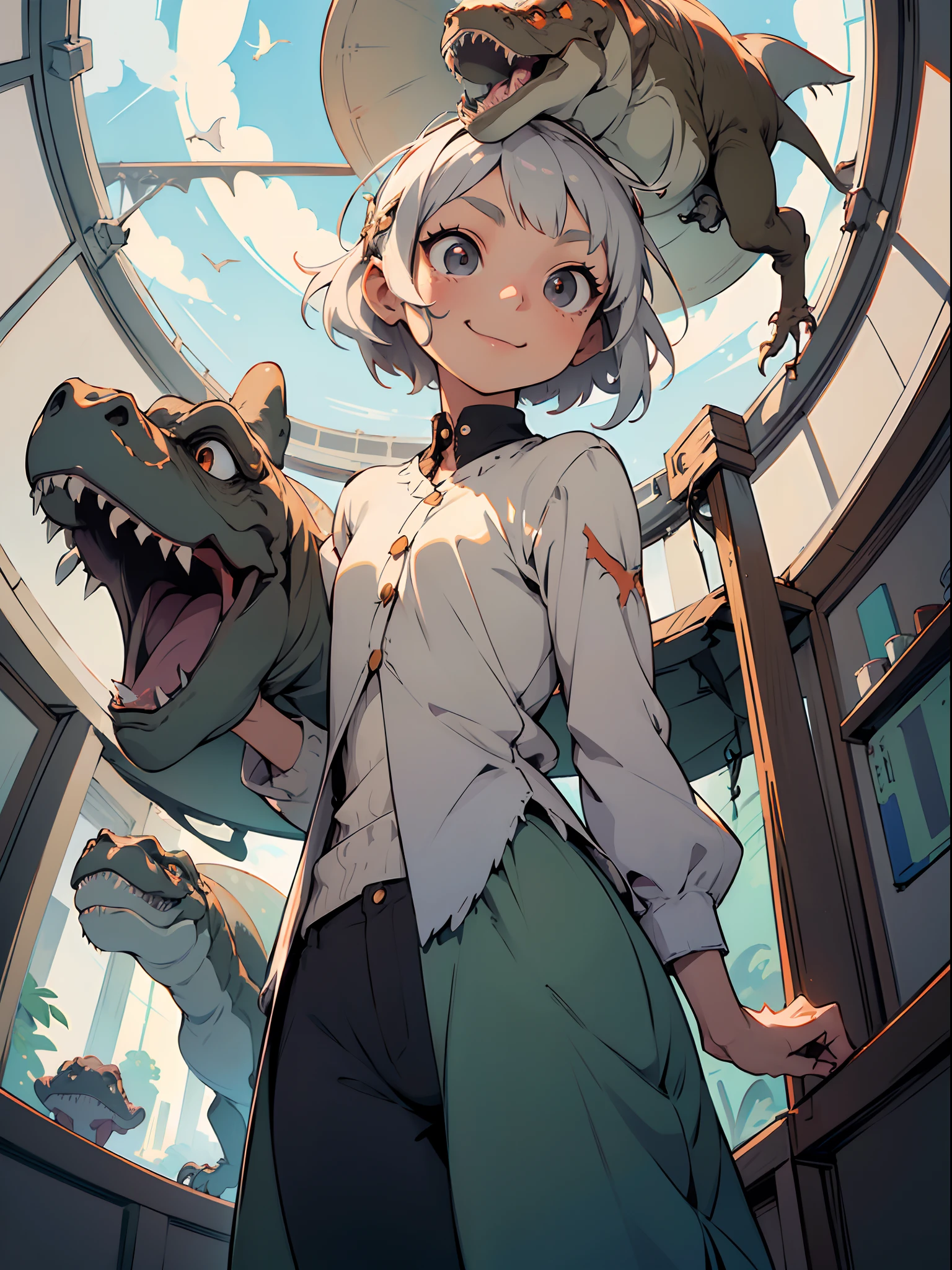 (girl), (t-rex, Tyrannosaurus on head:1.3), (starly eyes), silver hair, short hair, platinum skin, smile,
break
old earth, big tree,
break
(fisheye:1.2), looking down, from below,
(pastel color:1.2), (flat color:1.2),