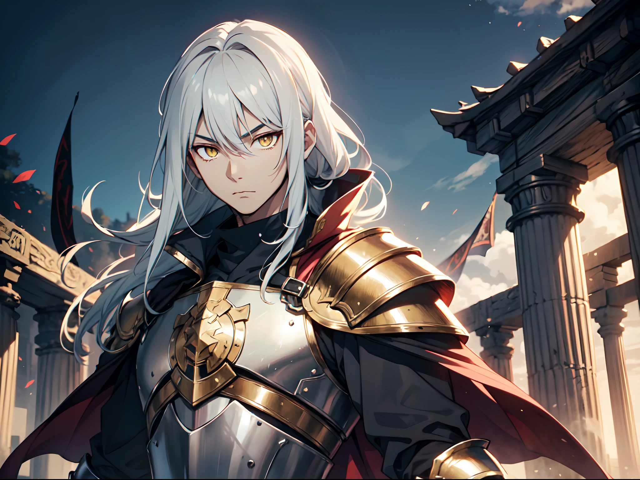 1 boy, Xin from Kingdom anime, armored with warlord armor with a cape, ultra high definition, 8k, handsome,black and yellow pupil eyes, long white hair, ancient kingdom background