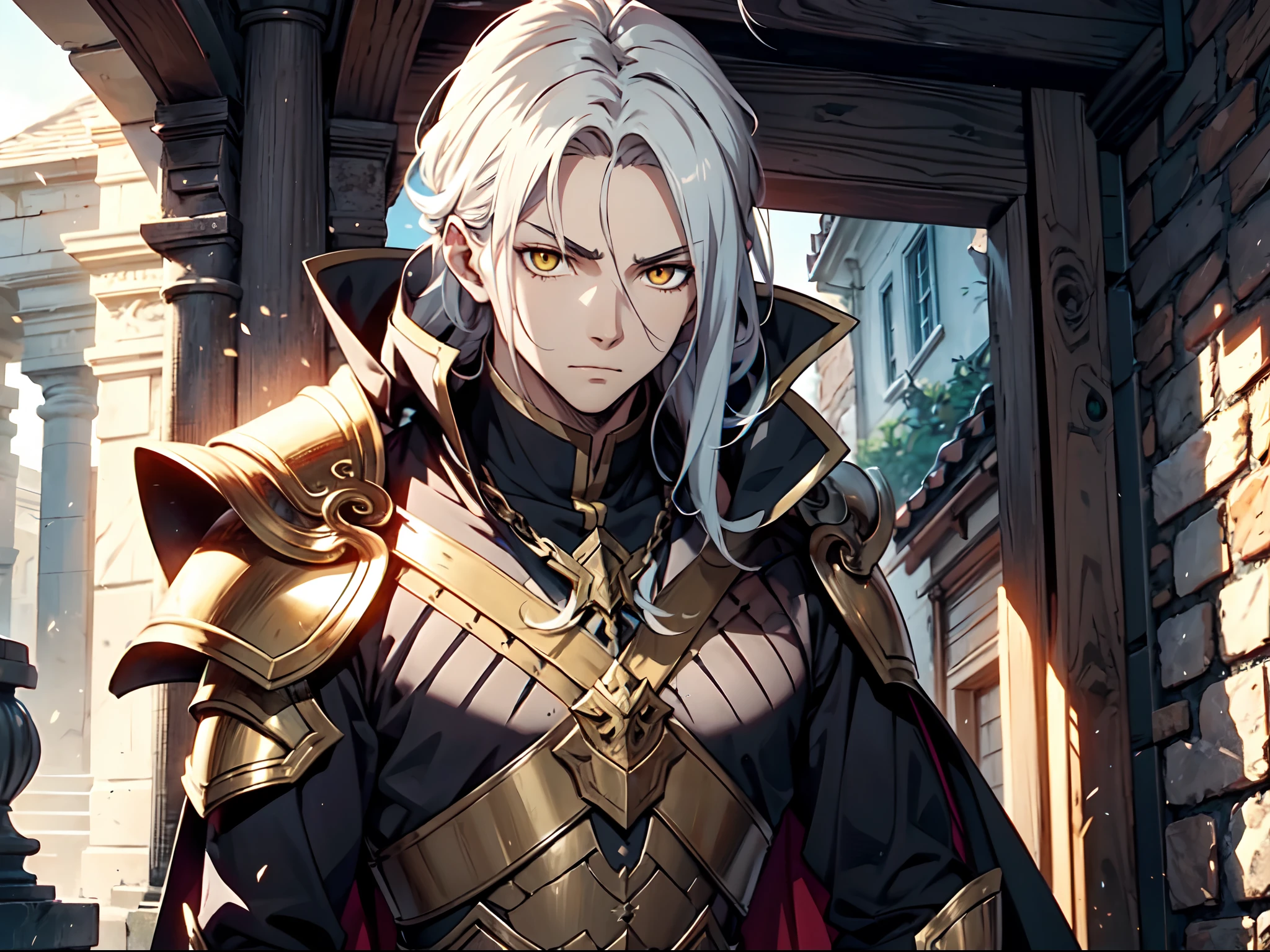 1 boy, Xin from Kingdom anime, armored with warlord armor with a cape, ultra high definition, 8k, handsome,black and yellow pupil eyes, long white hair, ancient kingdom background